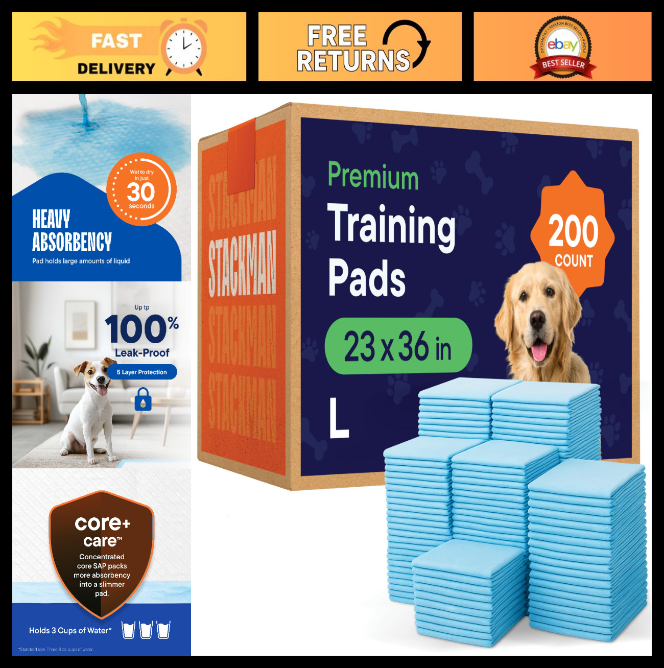 Disposable Puppy Training Pads 23″x36″ [200-Count] Leak-Proof Pet Pee Pads for M