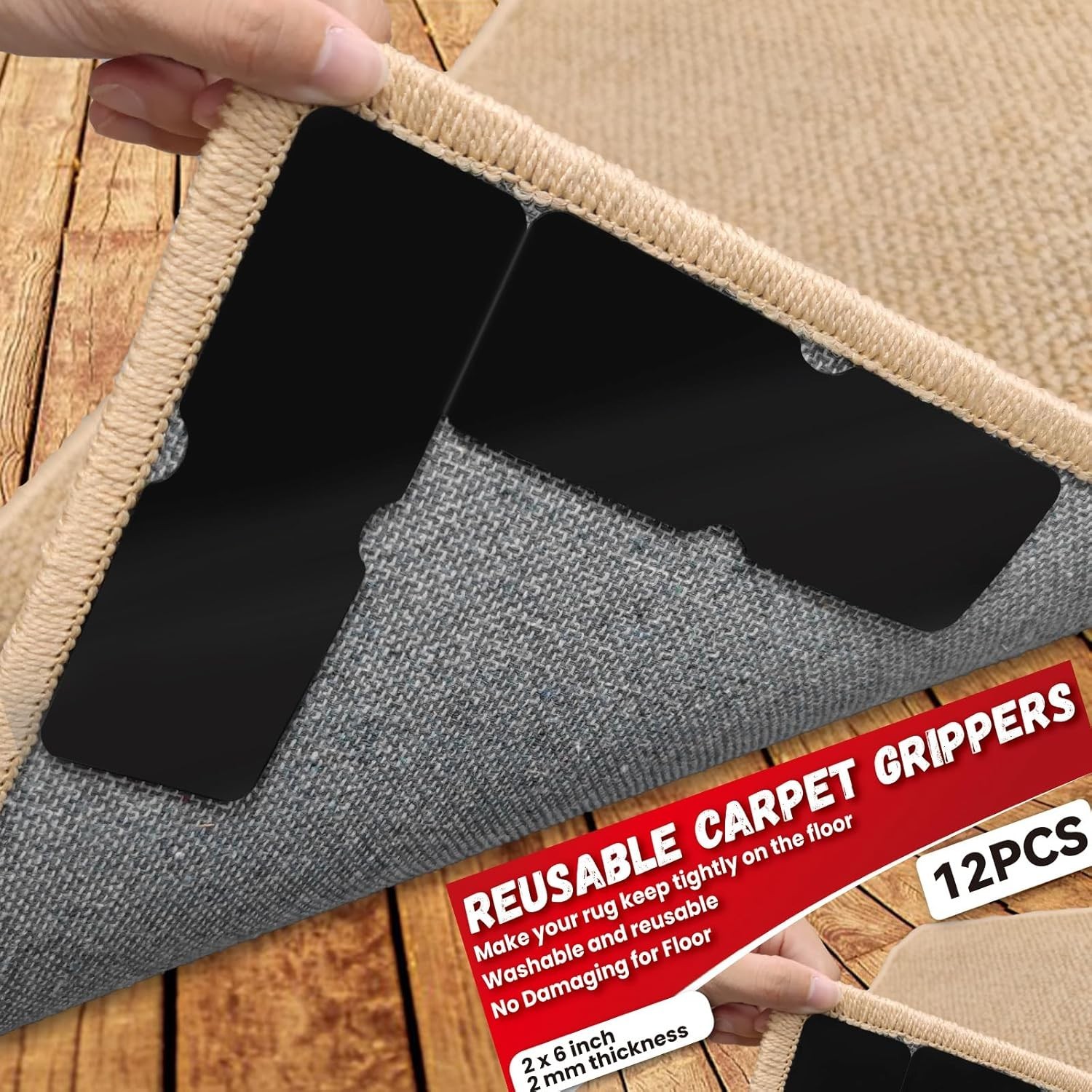 Rug Carpet Non Slip Grippers, Reusable Rug Tape, No Damaging for Hardwood Flo…