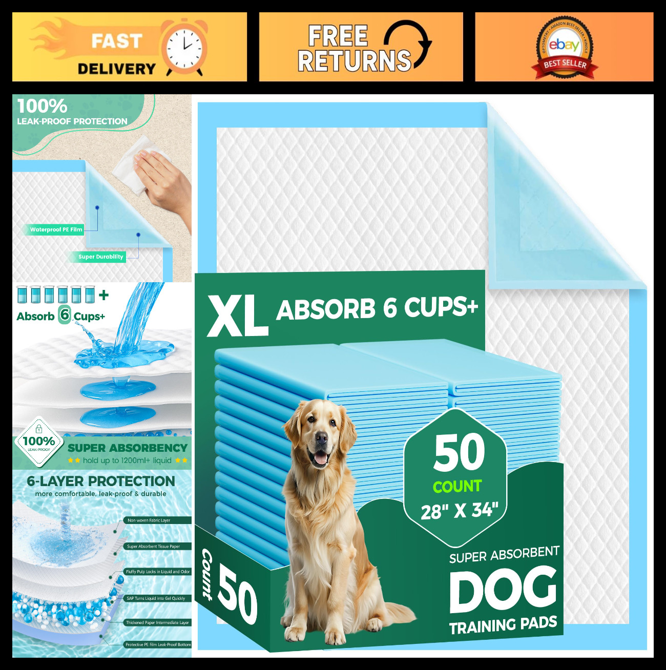 Extra Large Dog Pee Pads 50 Count – 28″ x 34″, Super Absorbent Leak-Proof Puppy