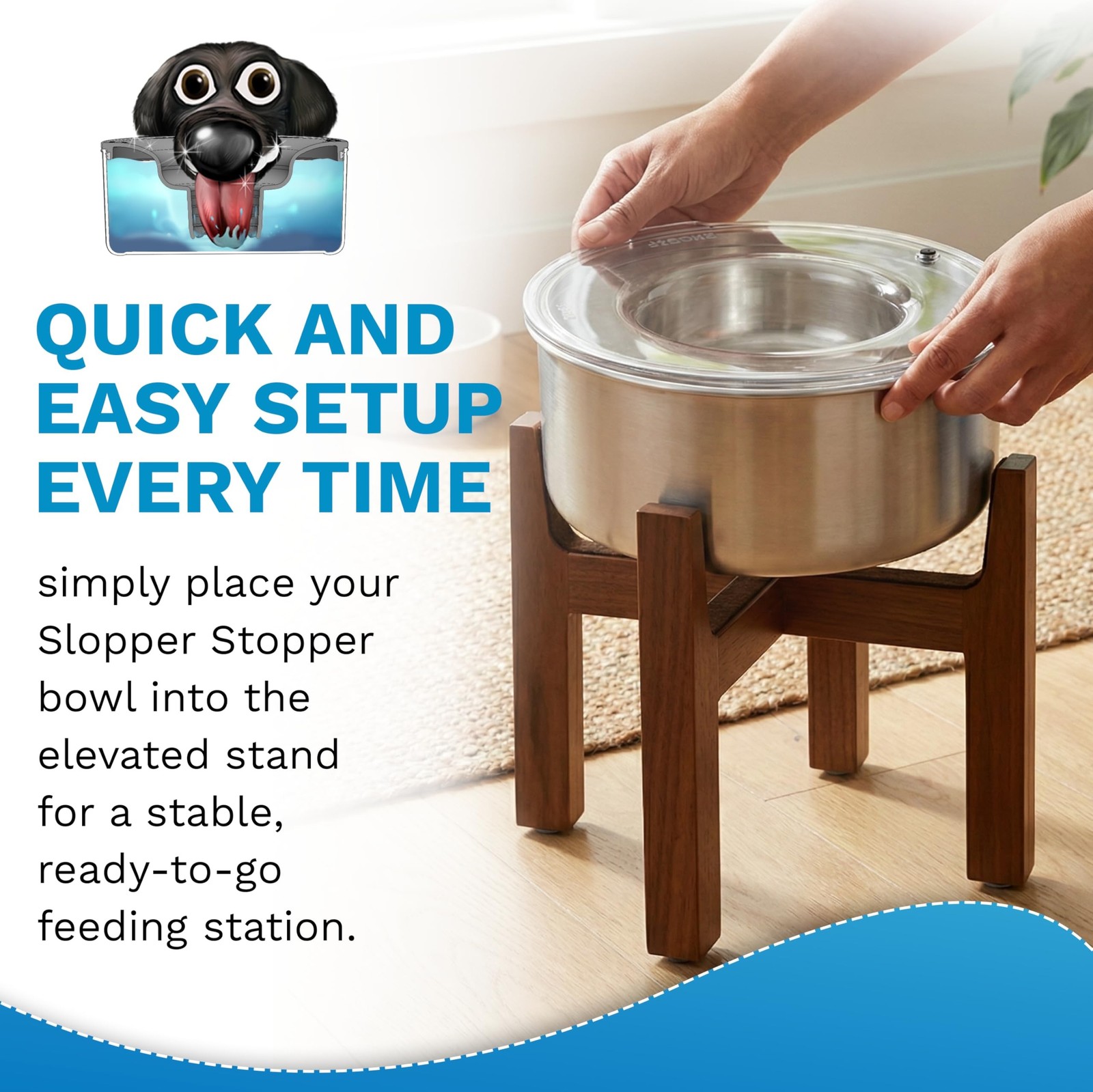 Slopper Stopper Elevated Single Wooden Dog Bowl Stand – Easy Assembly with