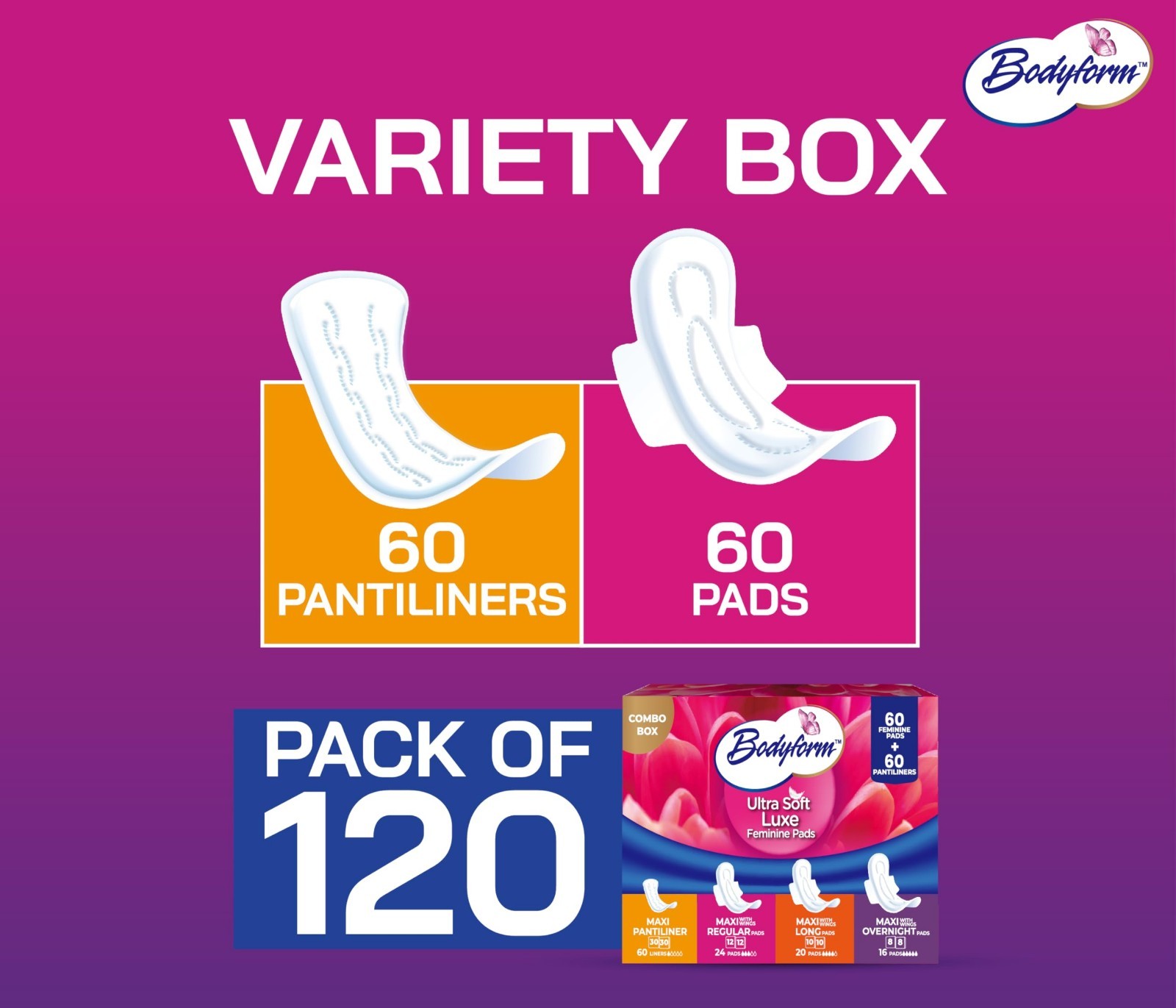 Ultra-Soft Luxe Pads & Pantyliners Combo, 120 Count – Leak Protection, Comfort