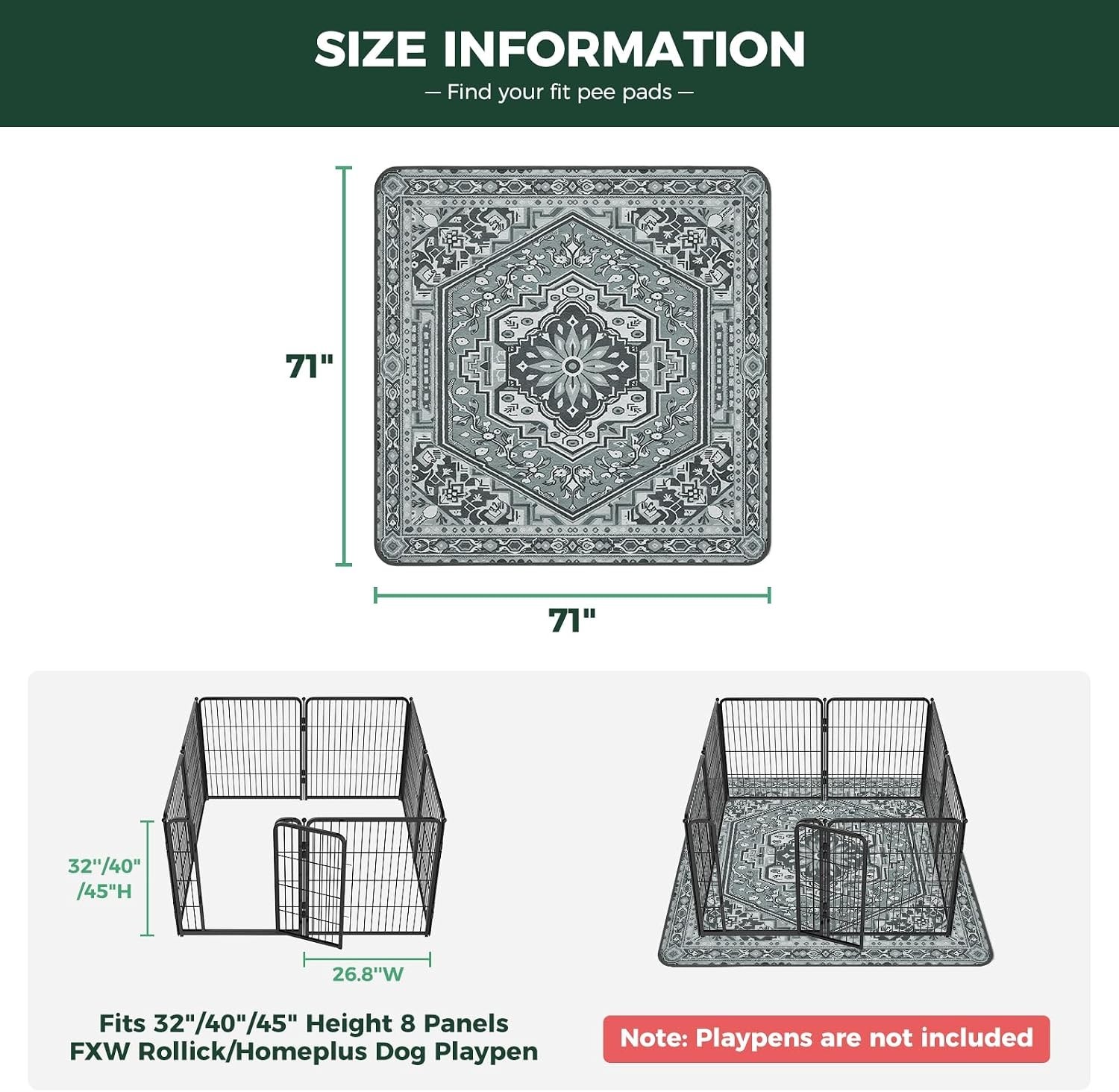 71″ Square Absorbent Dog Pads with Waterproof Shield, Boho Grey Design
