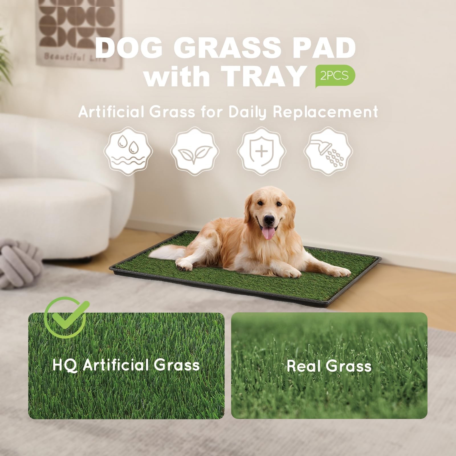 HQ4us Dog Grass Pad with Tray Large 34”×23” Dog Litter Box Toilet with 2×Arti…