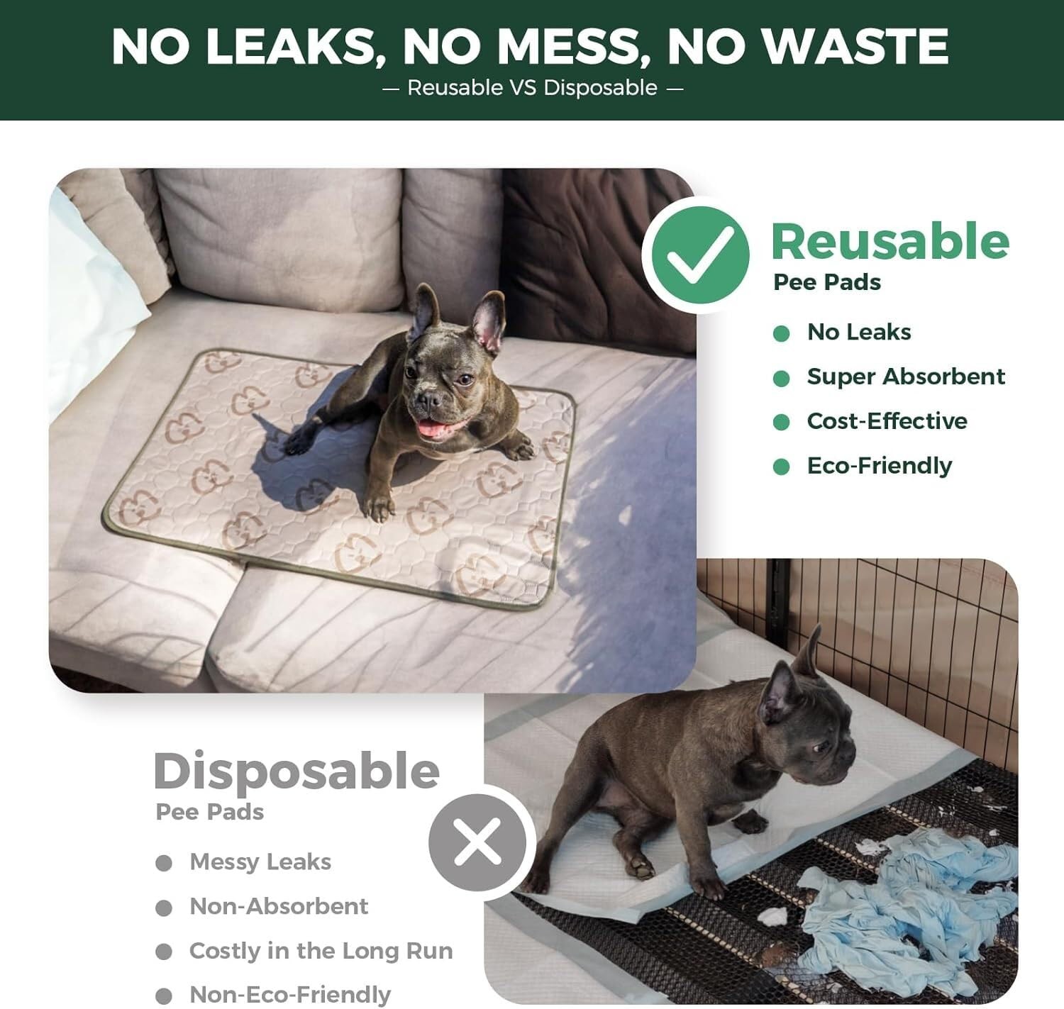 FXW Washable Pee Pads for Dogs, Puppy with 23″ x 35″ (2 Packs), Khaki