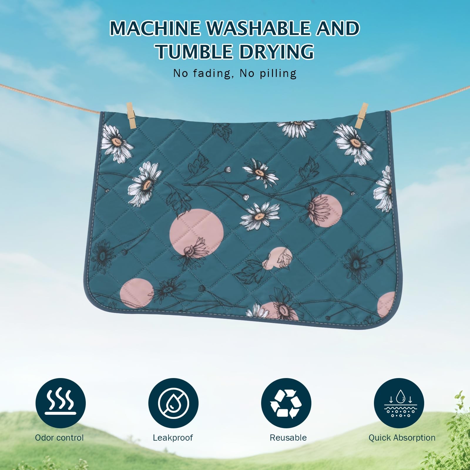IEUUMLER Washable Pee Pads for Dogs, 2 Pack 36″X24″-2pcs, Navy Blue Daisy