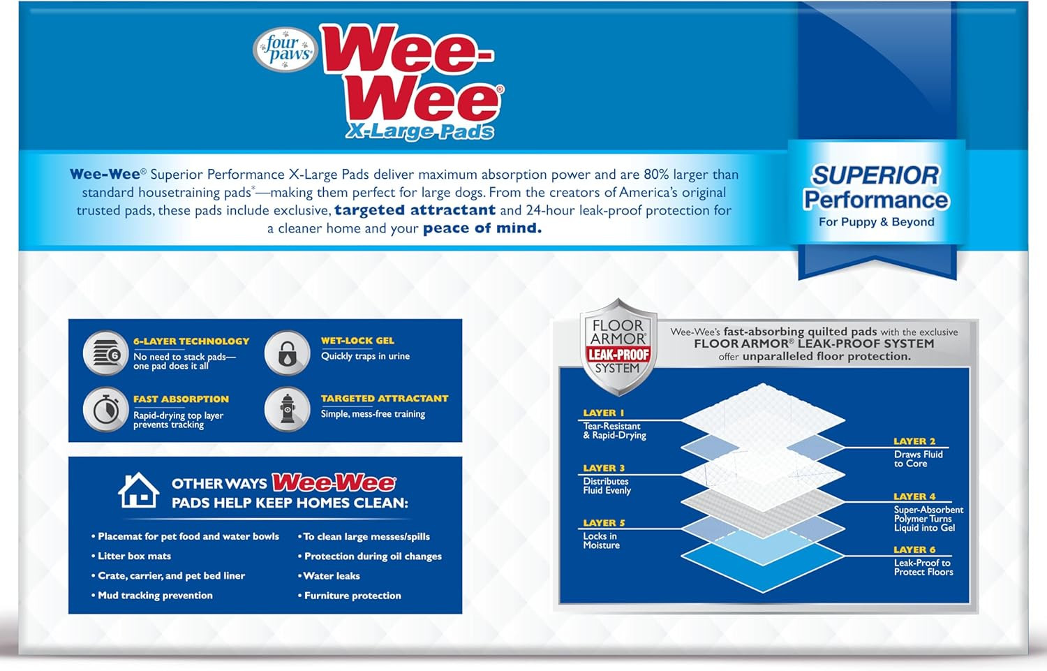 Wee-Wee Superior Performance XL Pee Pads for Extra Large Dogs, Leak-Proof Floor