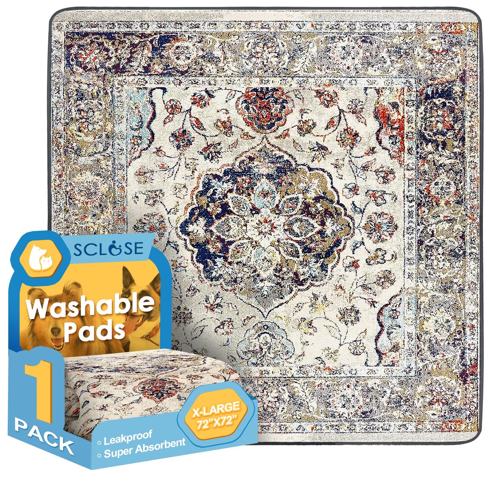 SCLOSE Washable Pee Pad RP 72″ x 72″ Vintage Medallion Reusable Dog Pad