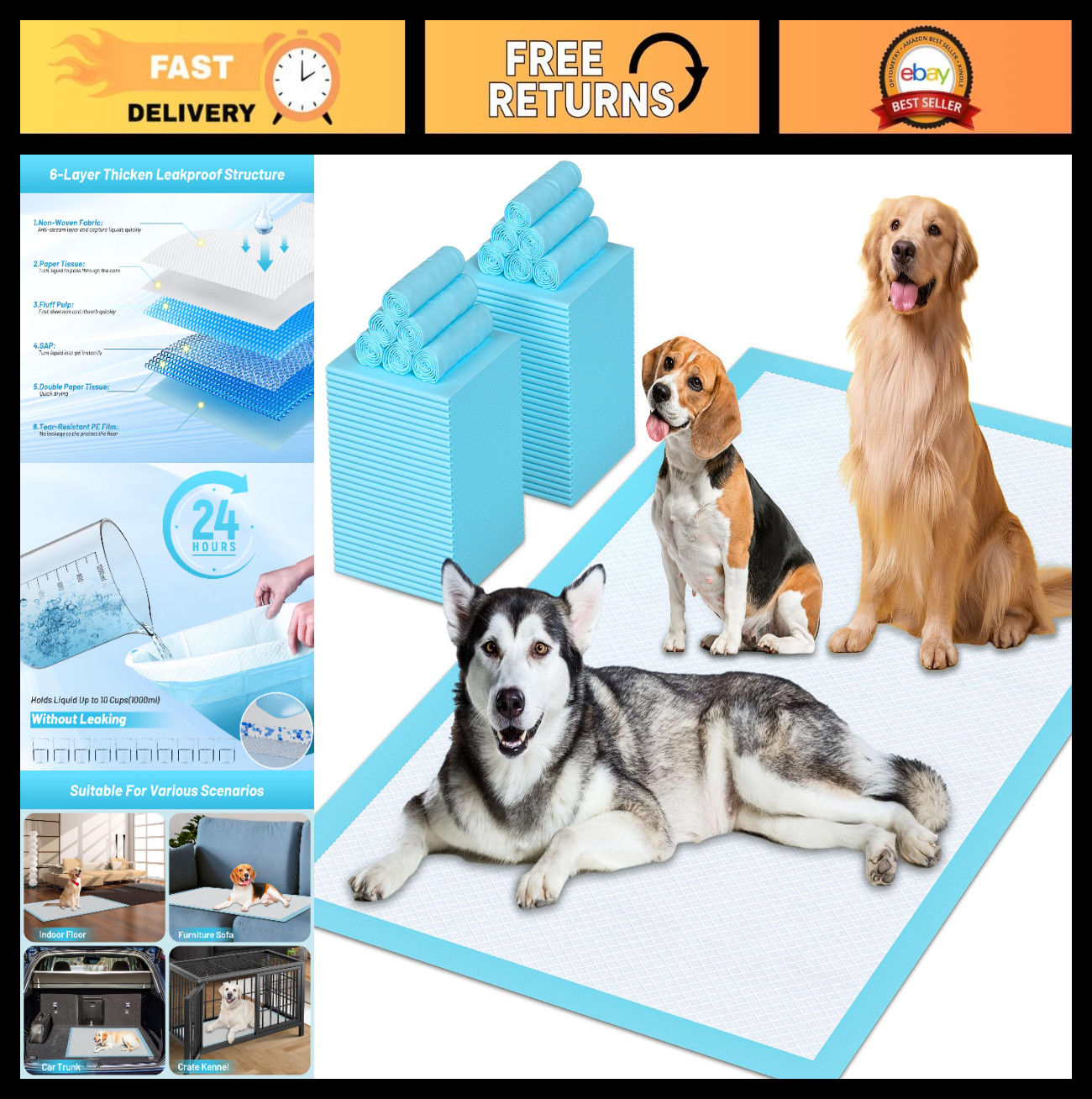 Extra Large Puppy Pads 31″x47″ – 40 Count Leak-Proof Super Absorbent Dog Trainin