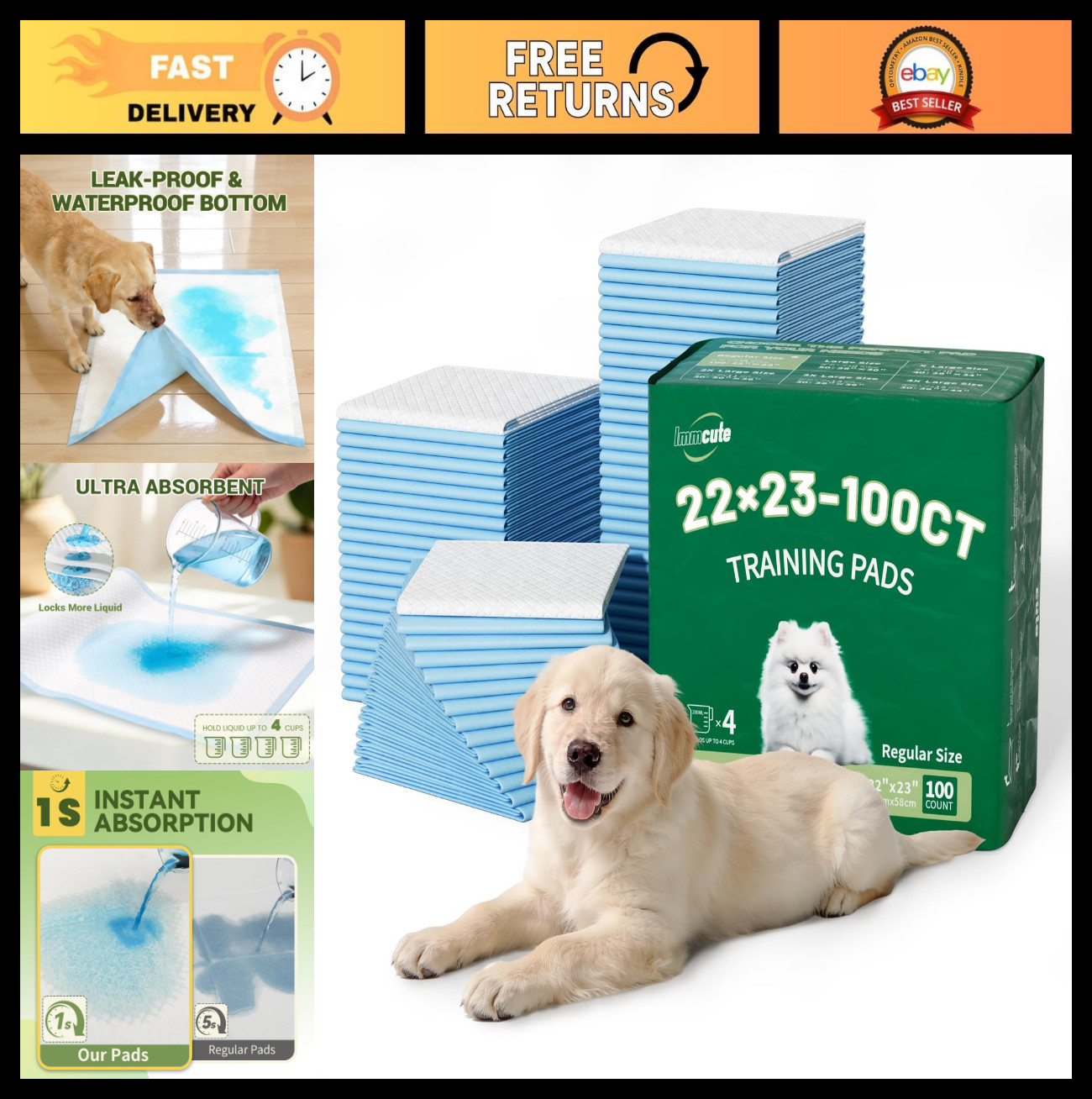 100 Count Ultra-Soft Puppy Pads 22″x23″ – Leak-Proof, Super Absorbent Dog Traini