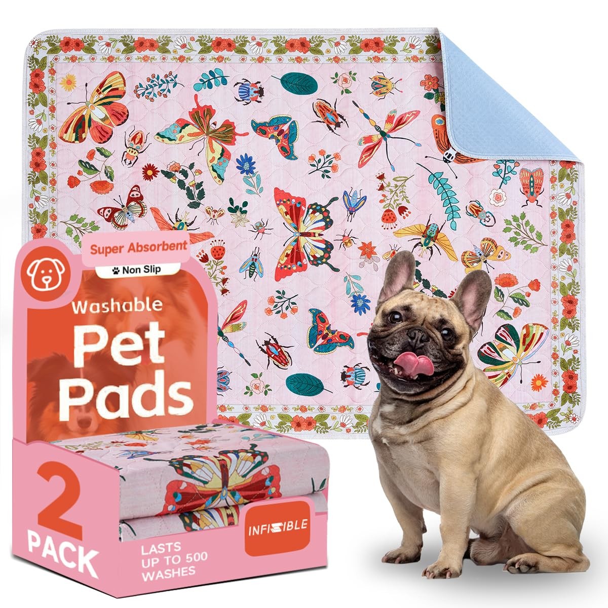 Pink Washable Pee Pads for Dogs and Cats, 2 Pack 48″x36″ Large Absorbent Reus…