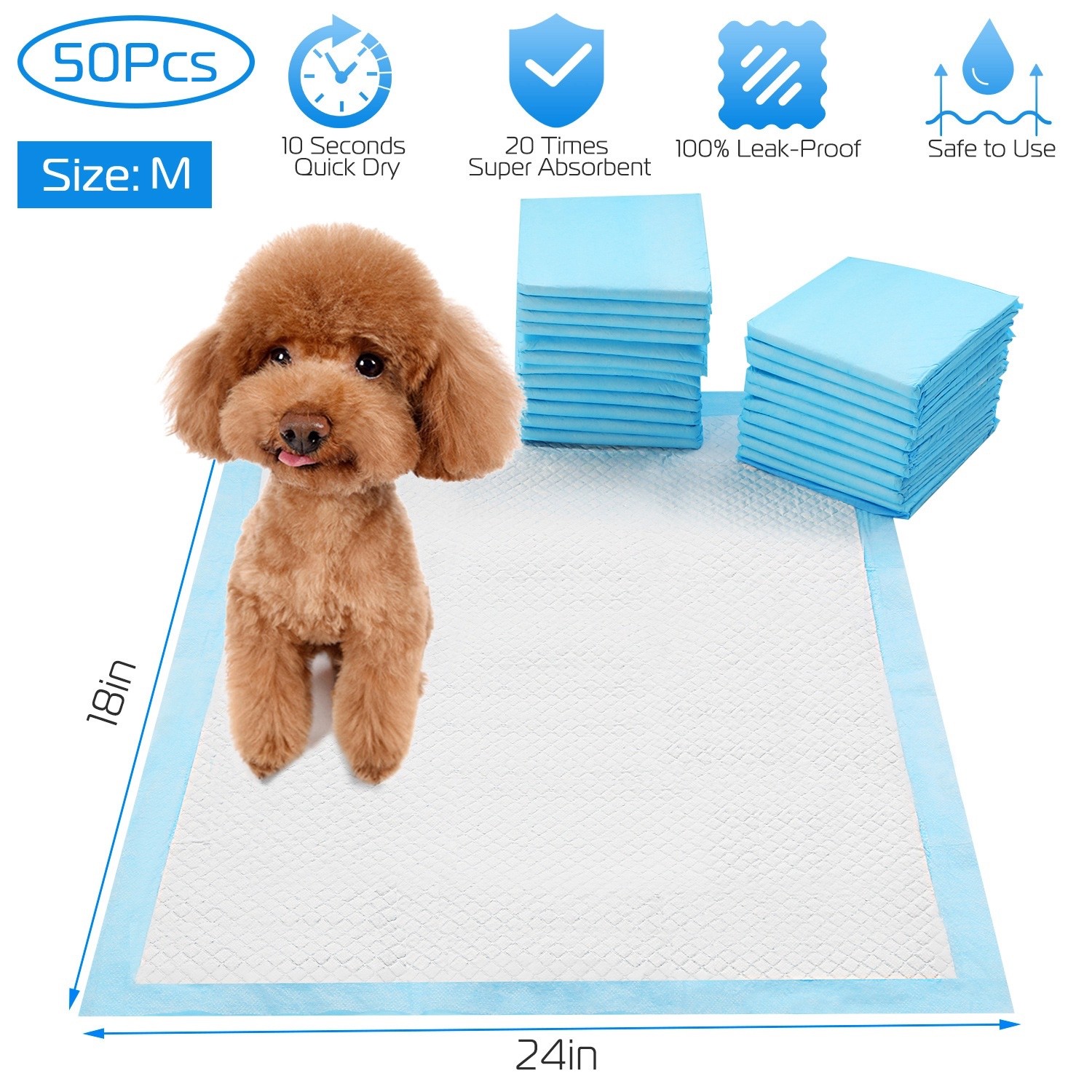 50Pcs Cat Puppy Training Pads 5-Layer Leak-Proof Odor Control 24x18in