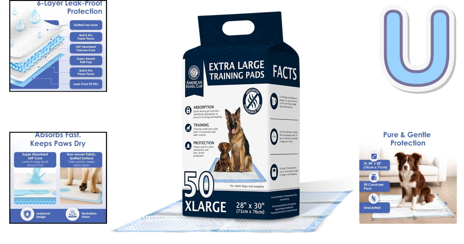 Ultra Absorbent Puppy Training Pads – 28×30 – 50 XL Unscented Leak-Proof Pads