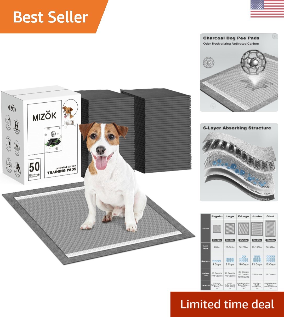 Charcoal Odor Eliminating Dog Pee Pads 23x24in – 50 Count, Leak-Proof Design