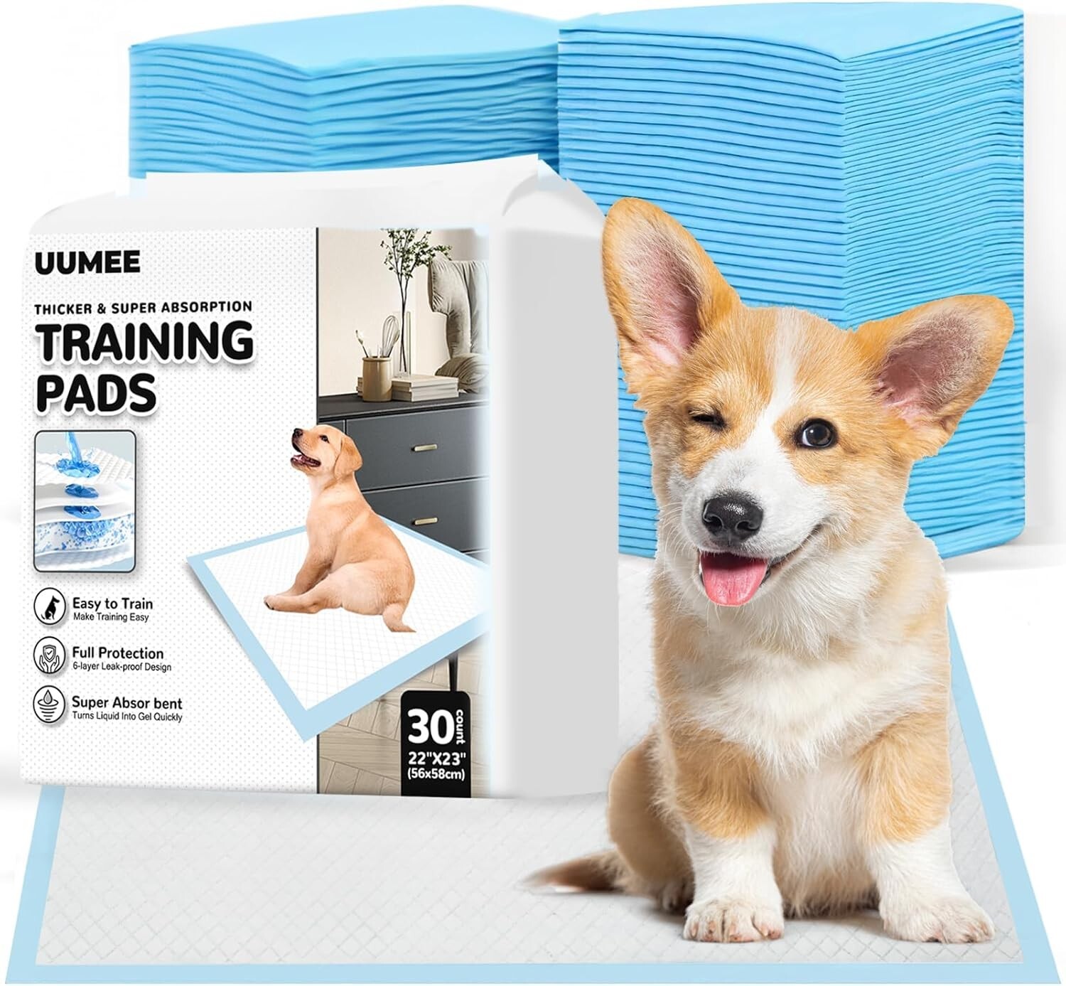 Dog and Puppy Pee Pads with 5-Layer Leak-Proof ,22″x23″ Quick Drying (30 Count)