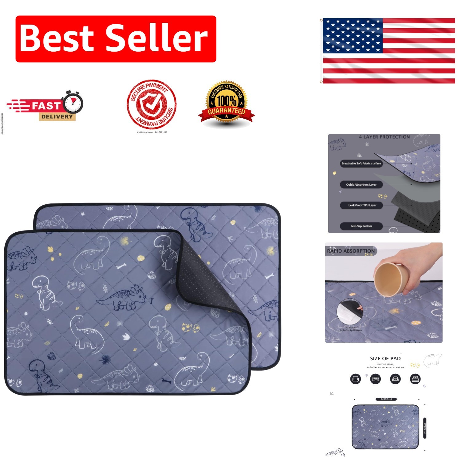 Reusable Puppy Potty Training Pads – Fast Absorbent & Stylish Dinosaur Pattern