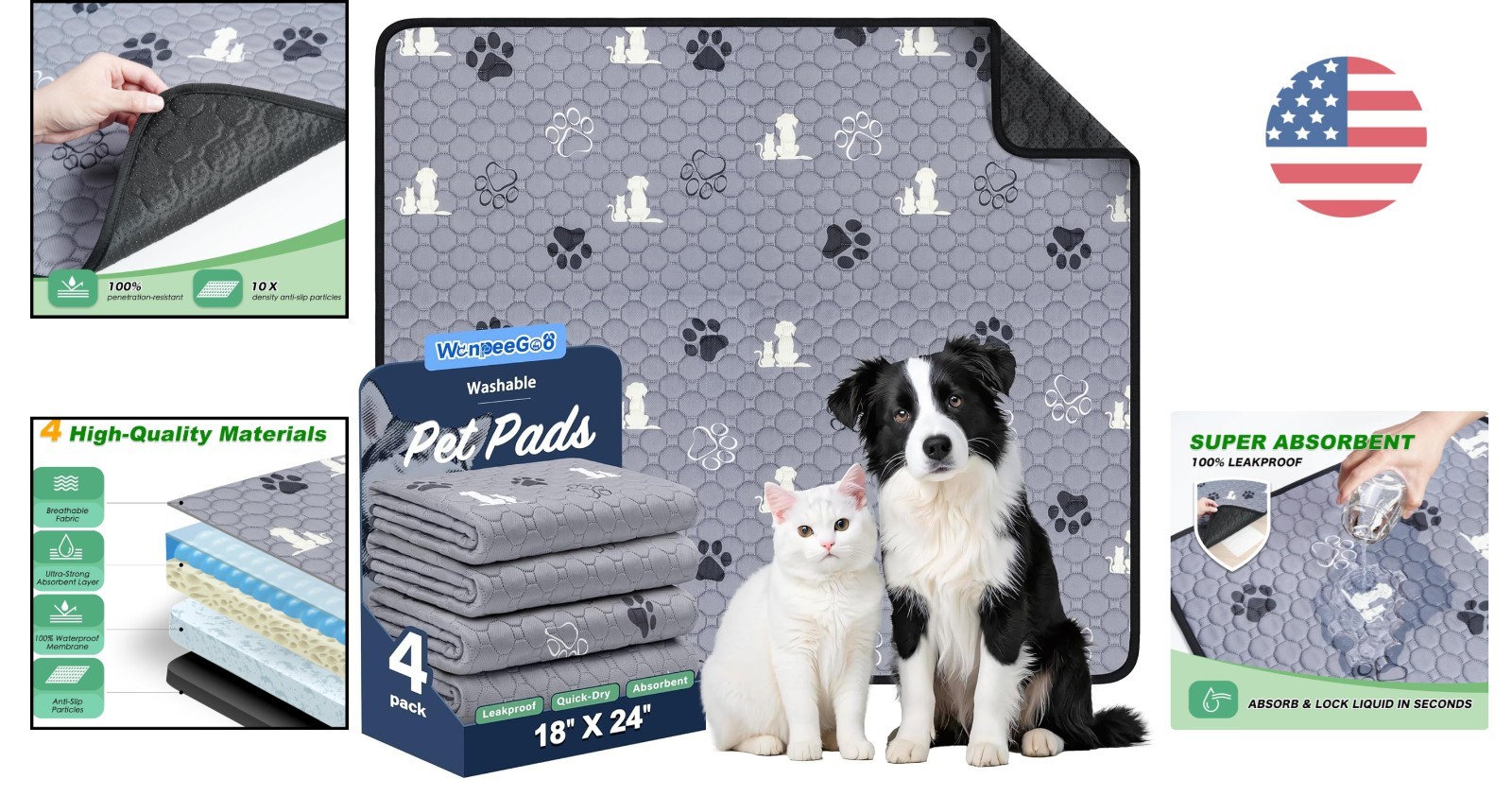 Reusable Leakproof Pee Pads for Dogs – 4 Pack Grey 18″x24″ Non-Slip Design