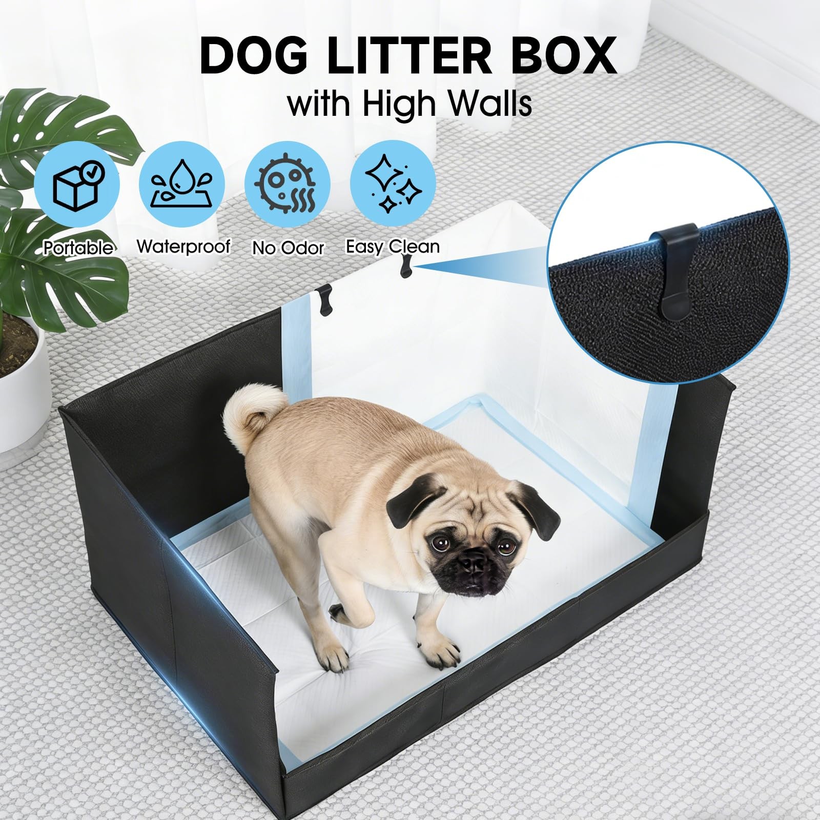 Dog Litter Box with High Walls, Pee Pad Holder Foldable, No Assembly, Waterpr…