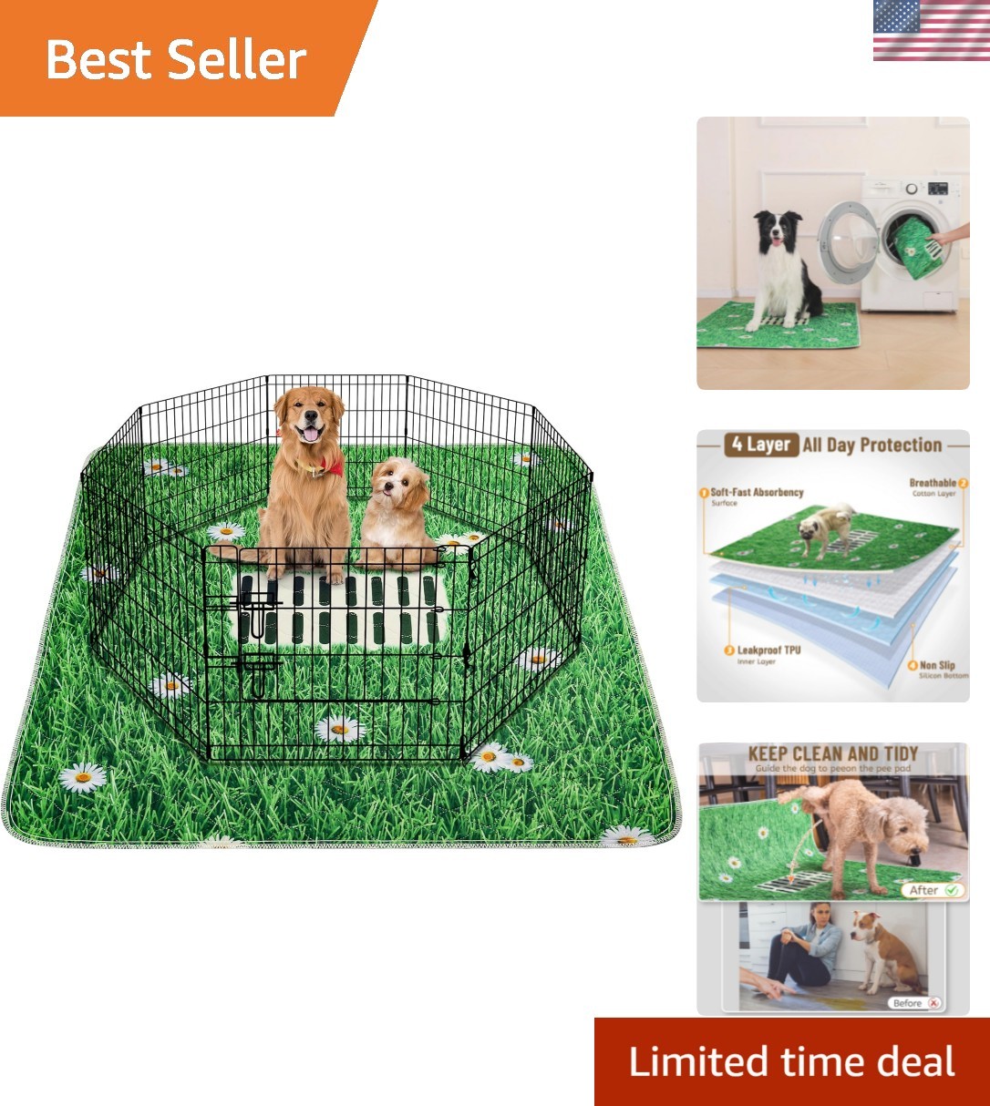 Durable Lawn Design Dog Pee Pads – 2 Pack Washable 31″x36″ for Indoor Training