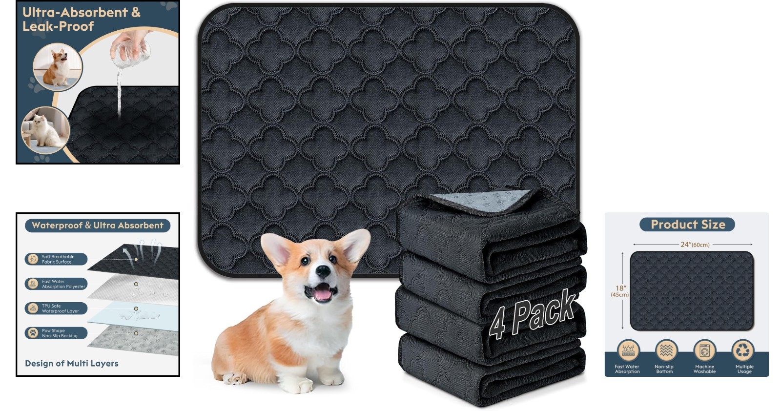 Washable 4-Pack Dog Pee Pads – Superior Absorbent, Non-Slip, Waterproof Design