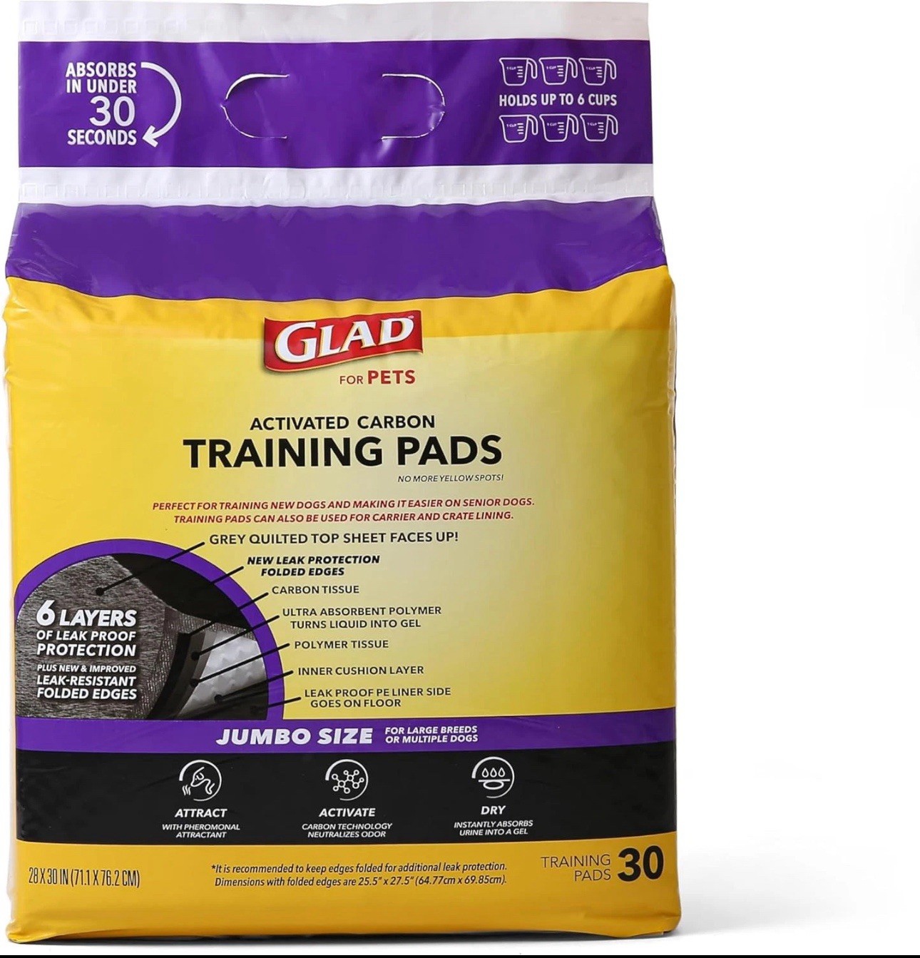 Glad Jumbo 28X30 Charcoal Disposable Dog Training Pads 30Count Super Absorbent
