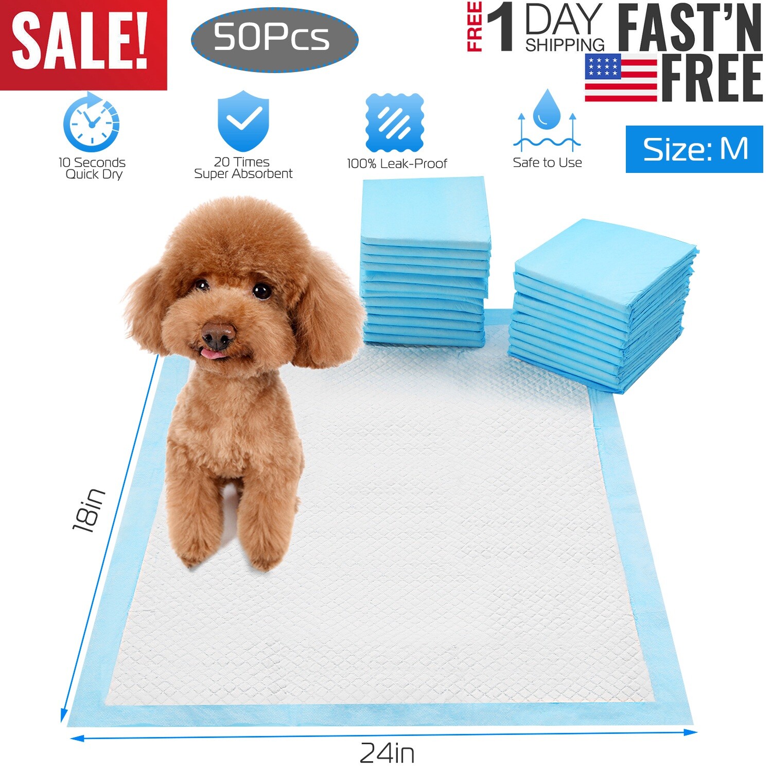 New 24×18”, Dog Puppy Pee Pads Cat Wee Mats for Potty Training Set of 50