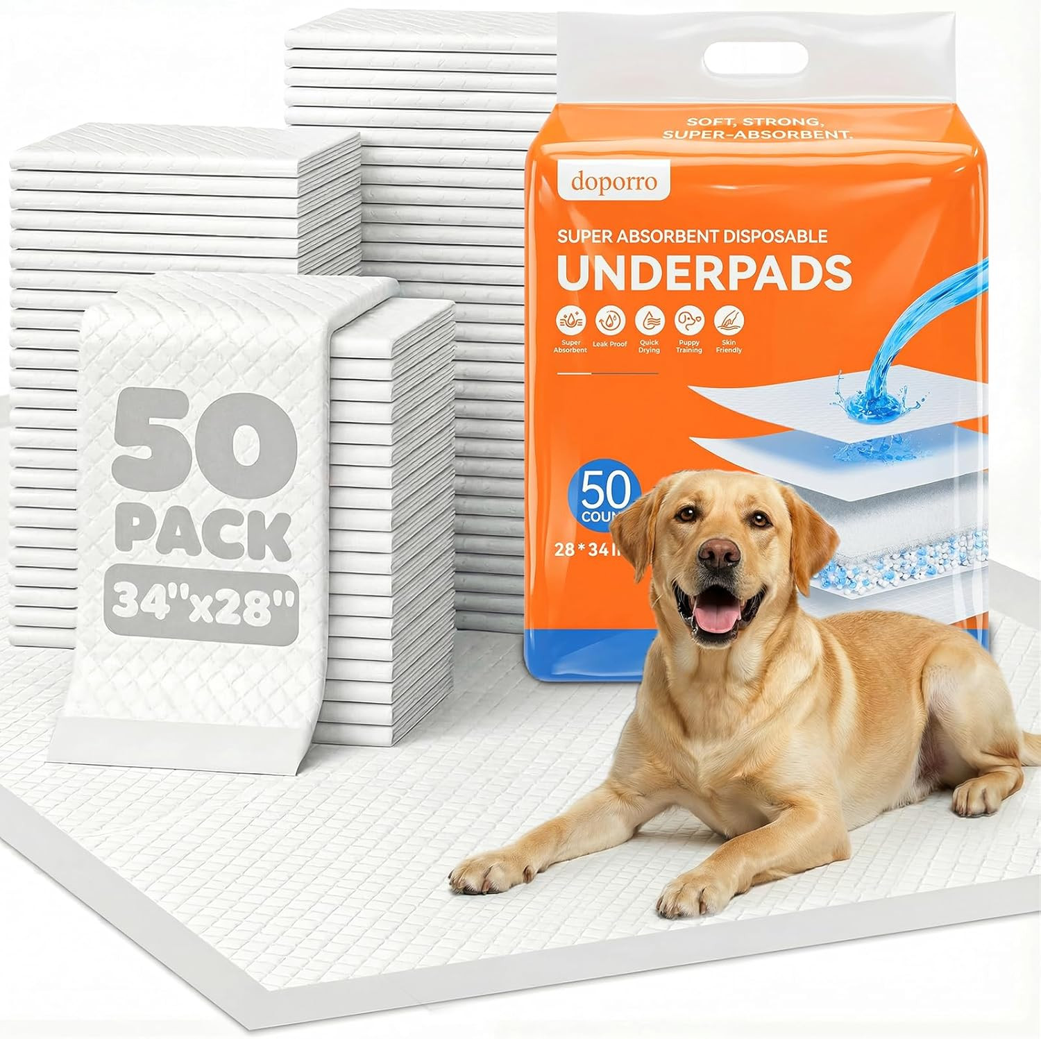50 Count 28″ X 34″ Disposable Puppy Pads, Super Absorbent Dog Pee Pads with Anti