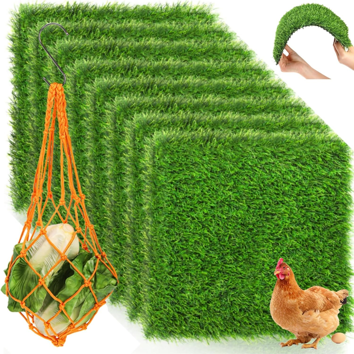 8 Pack Chicken Nesting Pads with Veggie Feeder, 12X12 Washable Artificial Grass