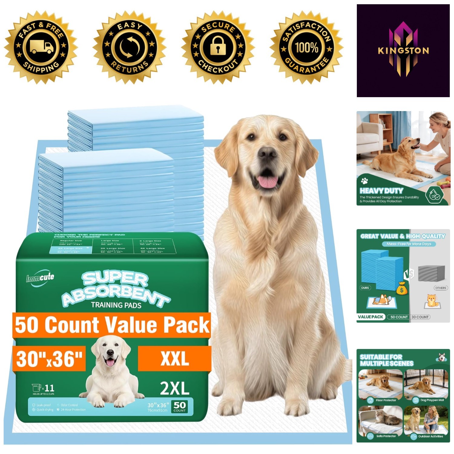 Reliable 50 Pack of Super Absorbent Dog Pee Pads 30″x36″ – Leak-Proof Design