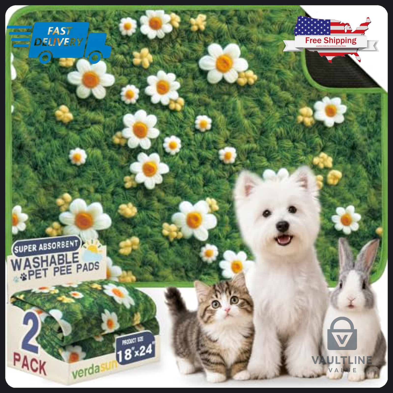 2 Pack Verdasun Washable Dog Pee Pads Yellow Daisy on Green 18×24