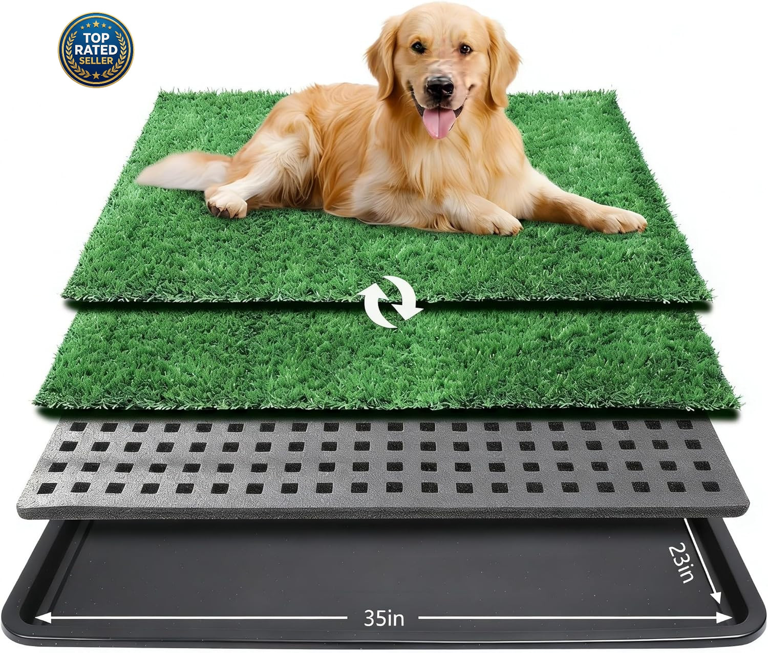 Dog Grass Pad with Tray, 35 X 23 In, 2 Replacement Turf Pads | 3-Layer Potty Sys