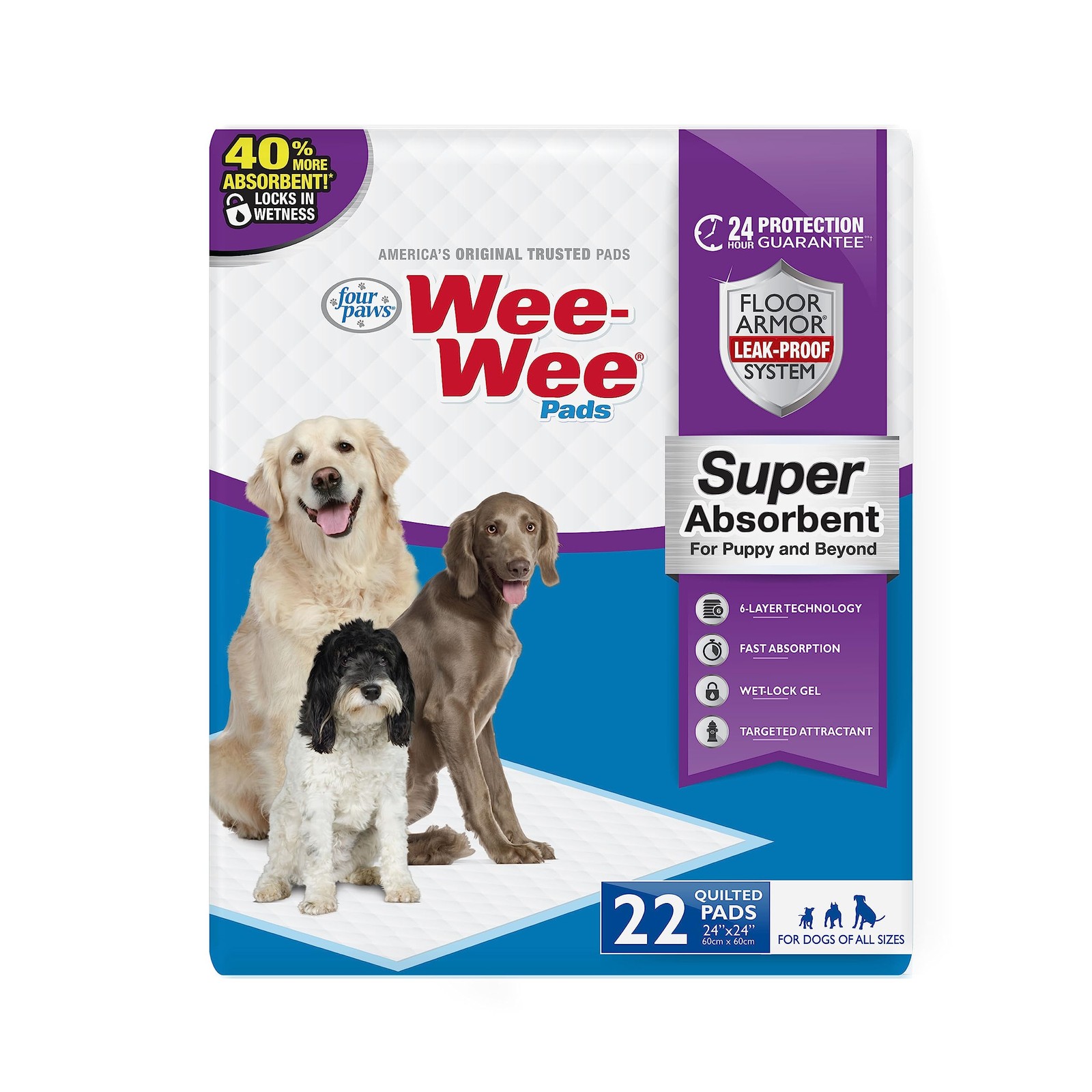 Four Paws Wee-Wee Super Absorbent Unscented Pee Pads for 24″ x 24″, White