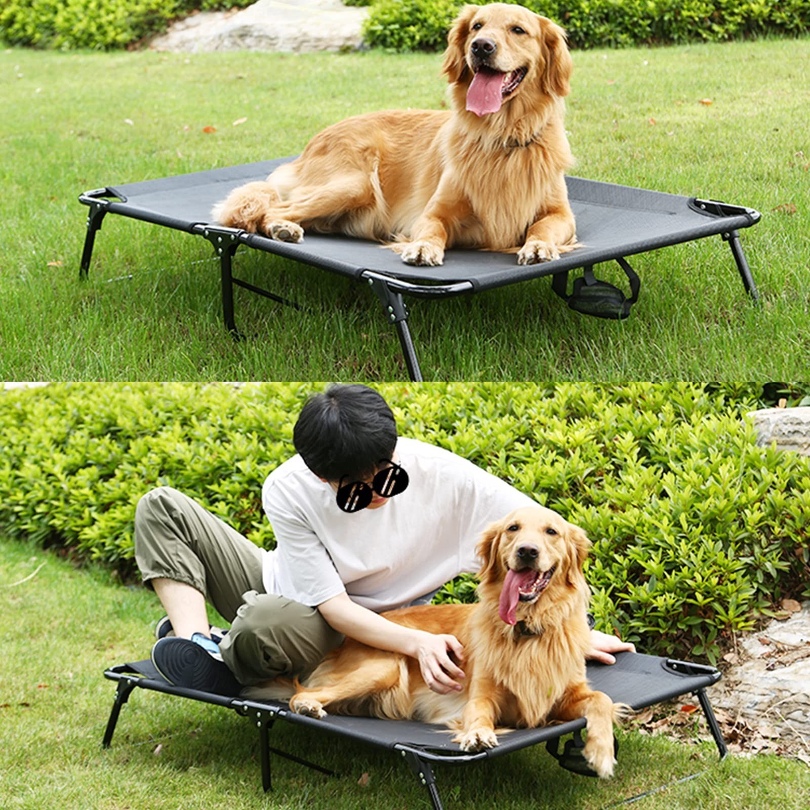 Outdoor Elevated Dog Bed Cooling Raised Dog Cots Black Pet Beds with Breathab…
