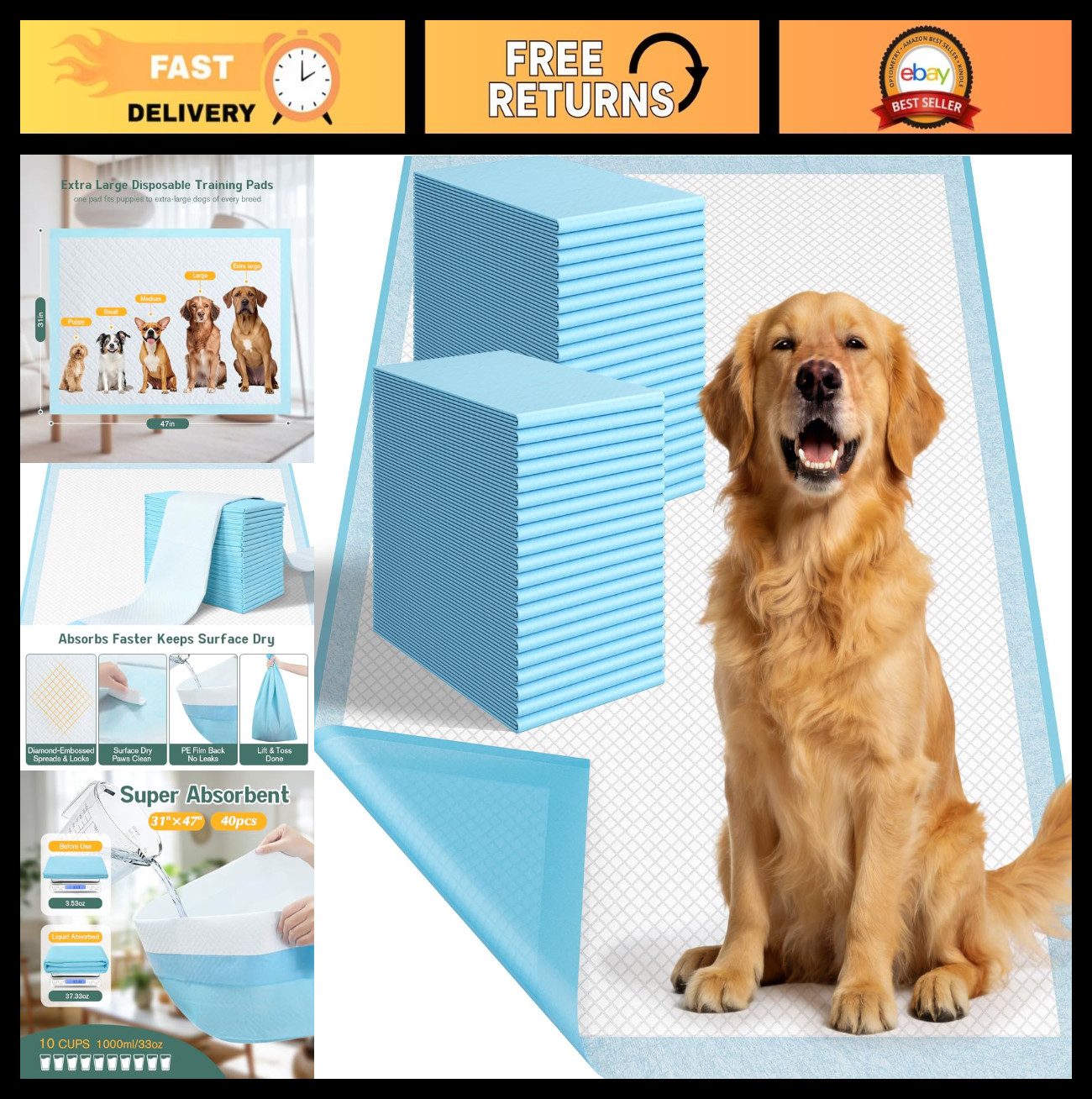 Extra Large Puppy Pee Pads 31″ x 47″ – 40 Count, Super Absorbent Leak-Proof Pott