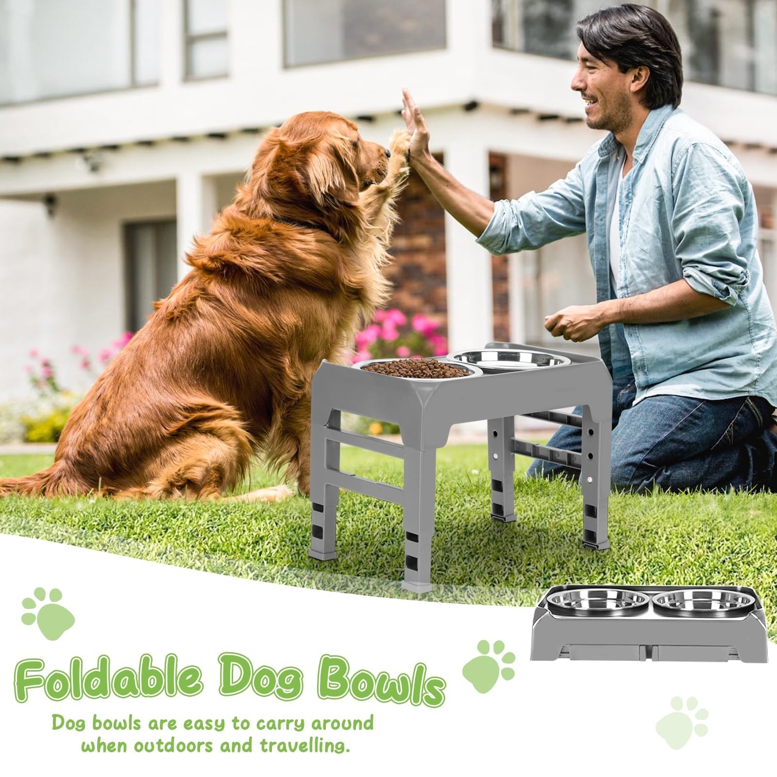 Elevated Raised Dog Bowl Stand with 2 Stainless Steel Bowls, Adjustable Heigh…