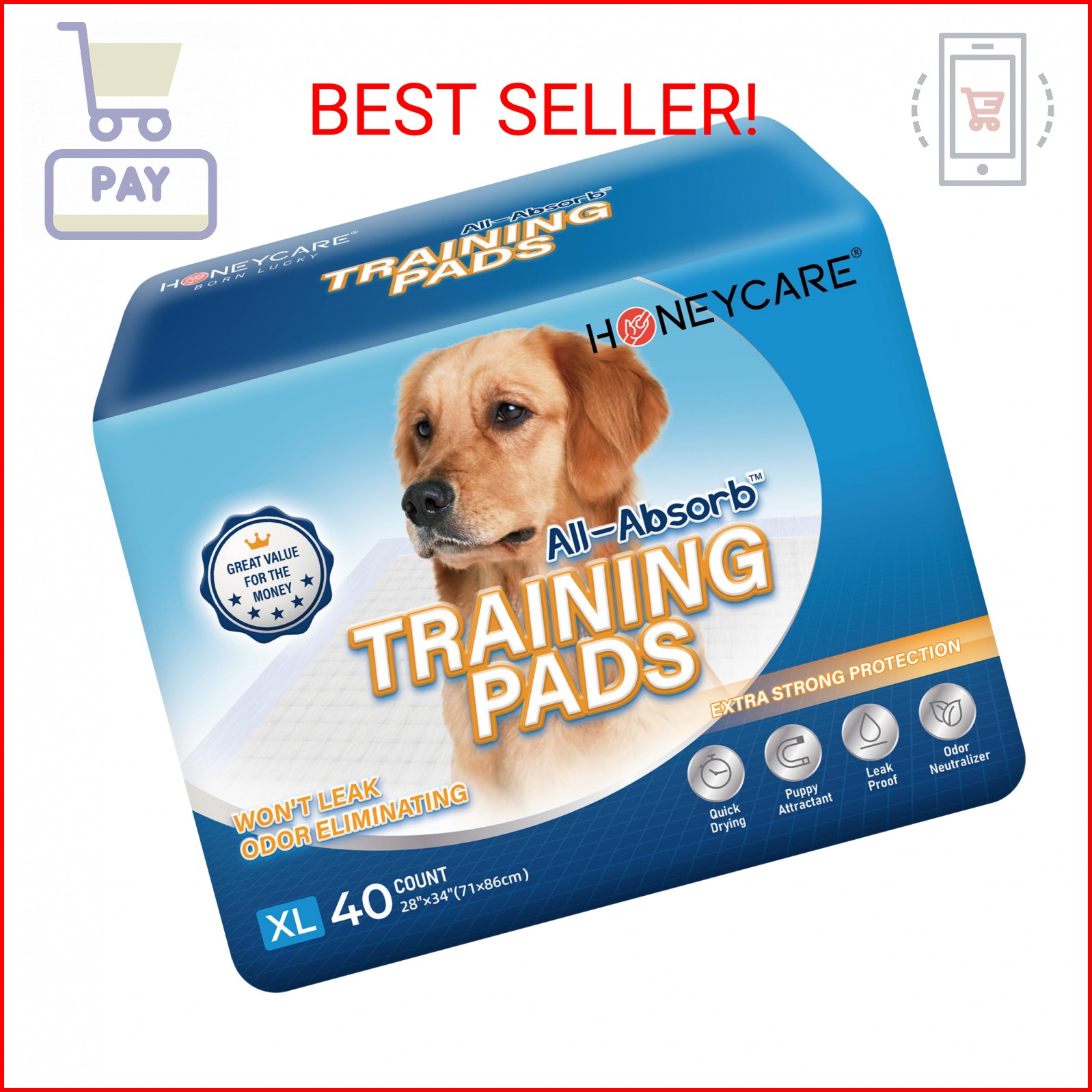 HONEY CARE All-Absorb, X-Large 28″ x 34″, 40 Count, Dog and Puppy Training Pads,
