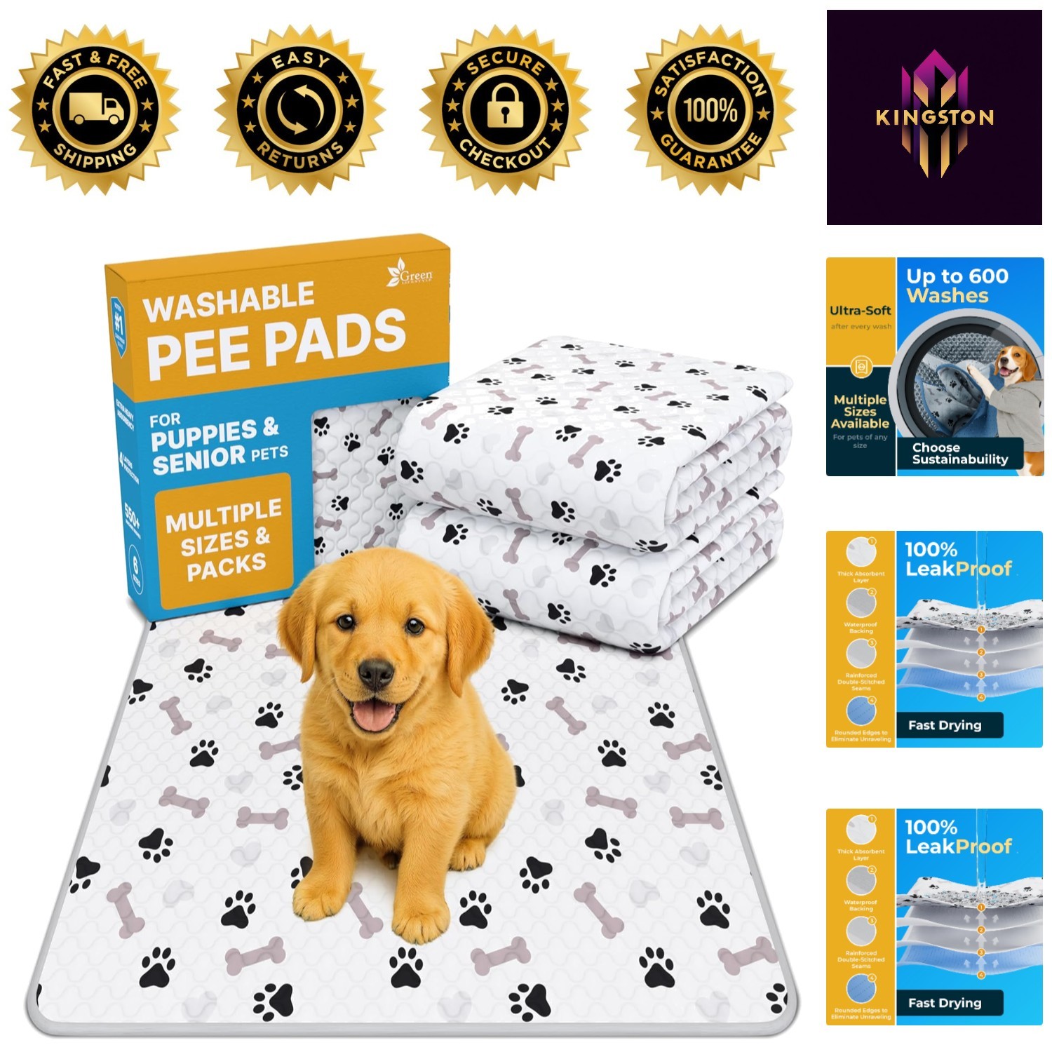 Luxury Waterproof Reusable Puppy Pads – 34×36, Anti-Slip Training Pack of 2