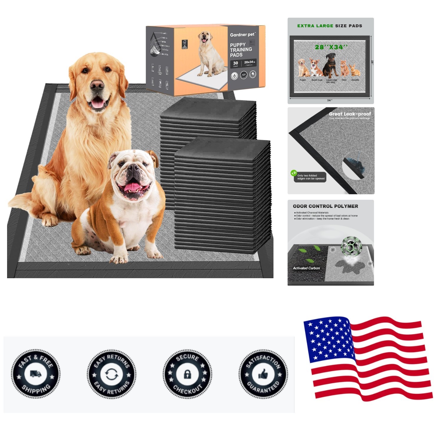 Charcoal Puppy Pads 28×34 Inches Extra Large Dog Pee Pads Odor-Control & Leak…