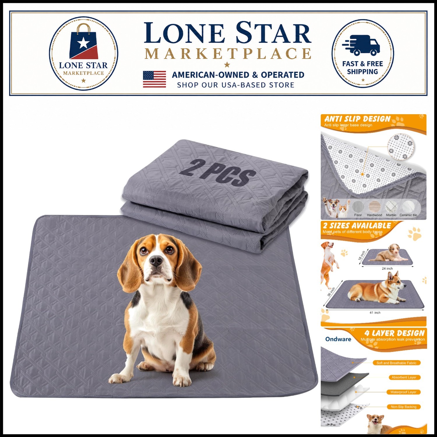 Reusable Dog and Cat Pee Pads 2 Pack, 24 x 18in | Leak-Proof, Easy Clean Design