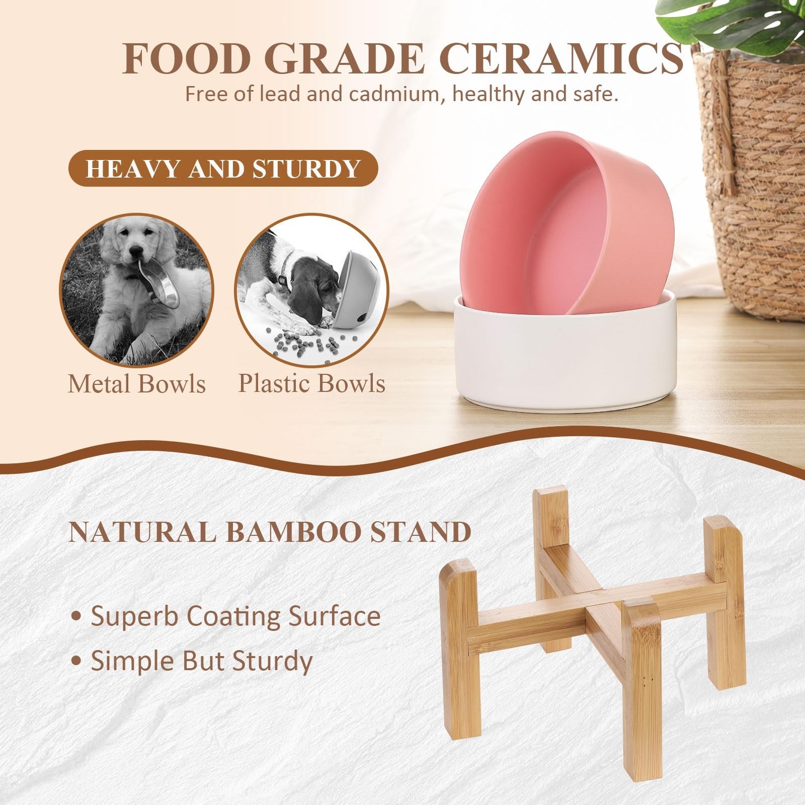 Ceramic Raised Dog Bowl with Bamboo Stand, for Small & Medium Dog, White