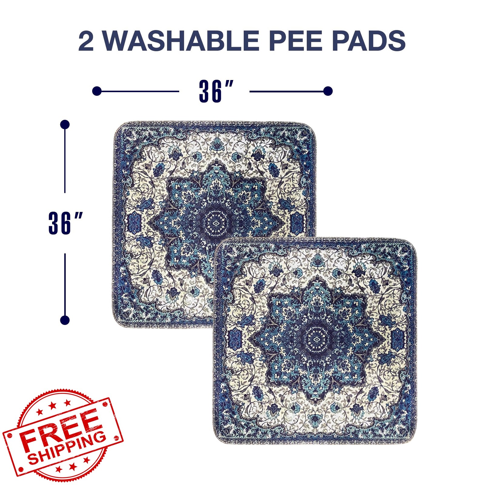 PUPIBOO Pee Pads Blue Medallion 36×36″ 2pk