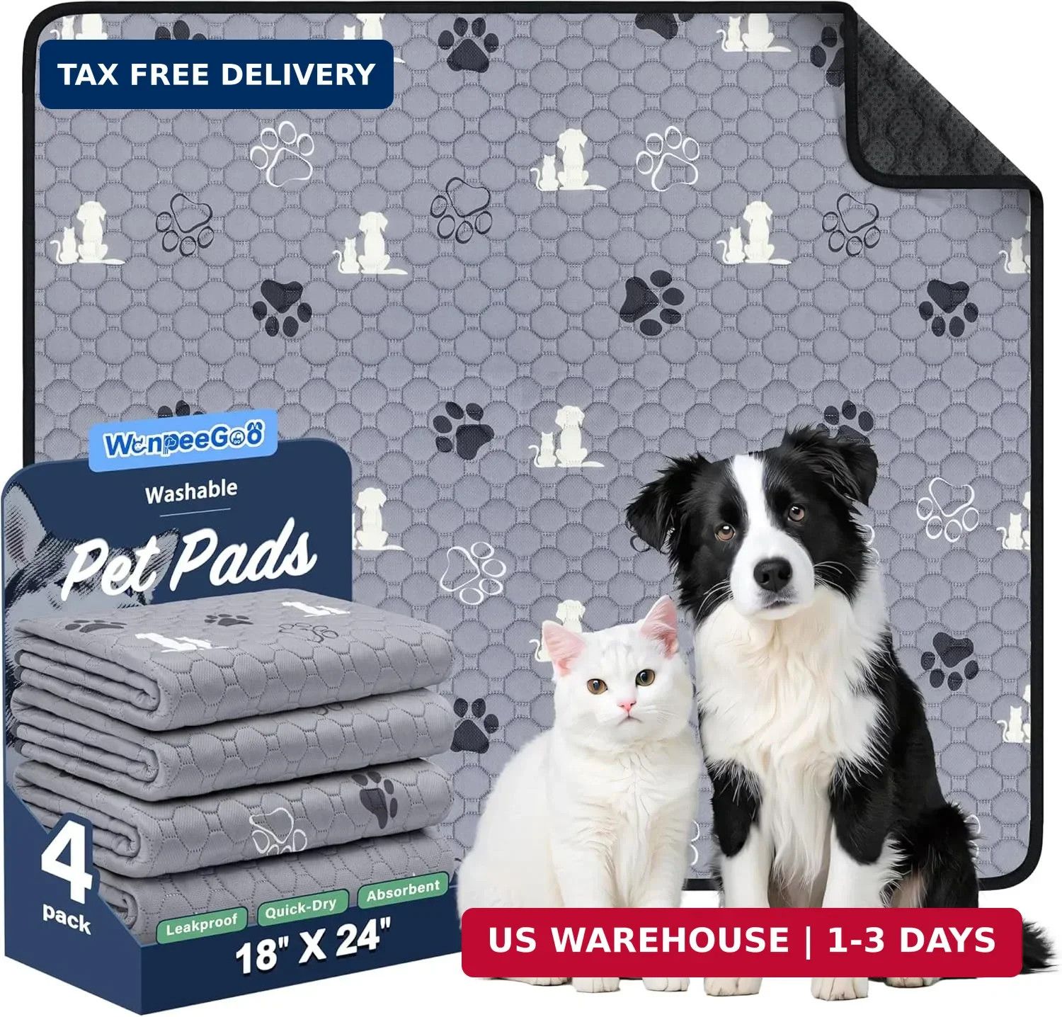Washable Pee Pads for Dogs, Waterproof, 18 x 24 in, 4 Pack, Gray | Sup