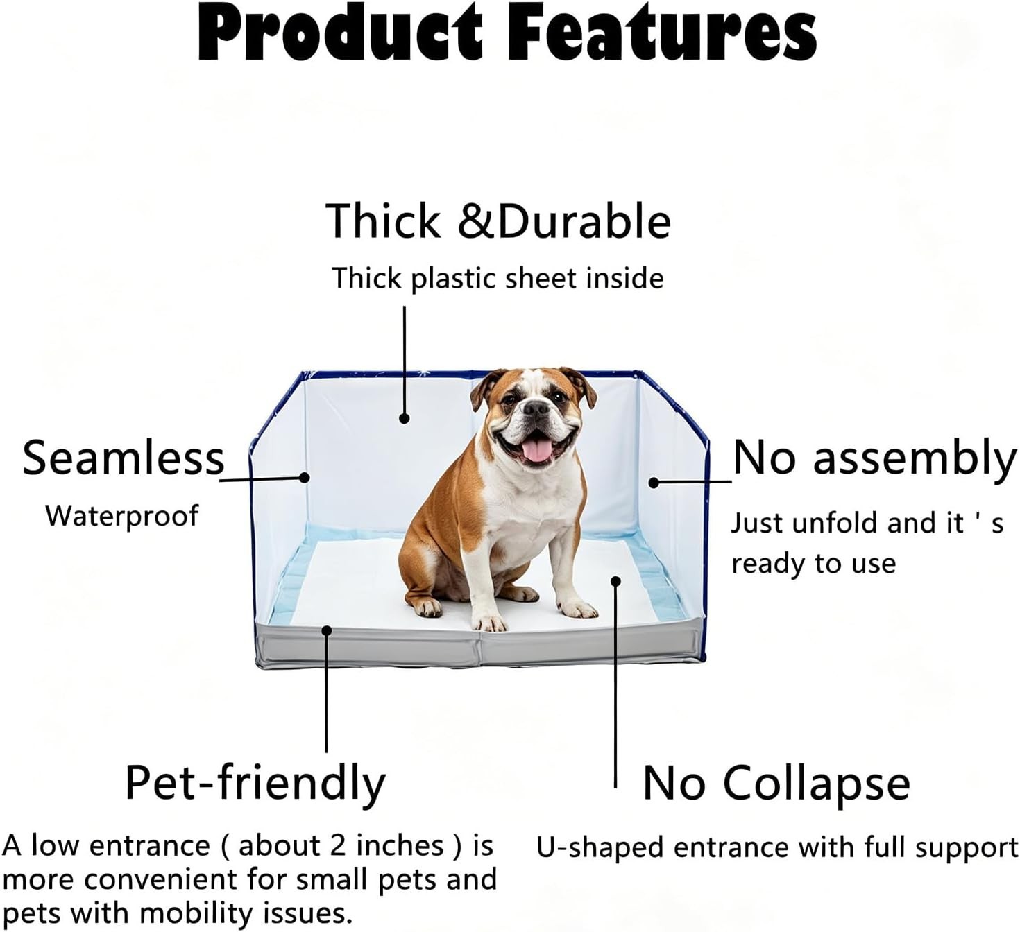 Dog Litter Box with Walls, Pee Pad Holder Tray, No Assembly, Waterproof Portable