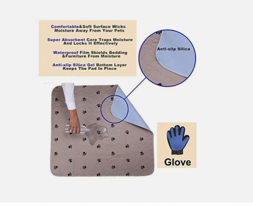 Washable Dog Pee Pads w Puppy Grooming Gloves Pads Reusable Pet Training NEW