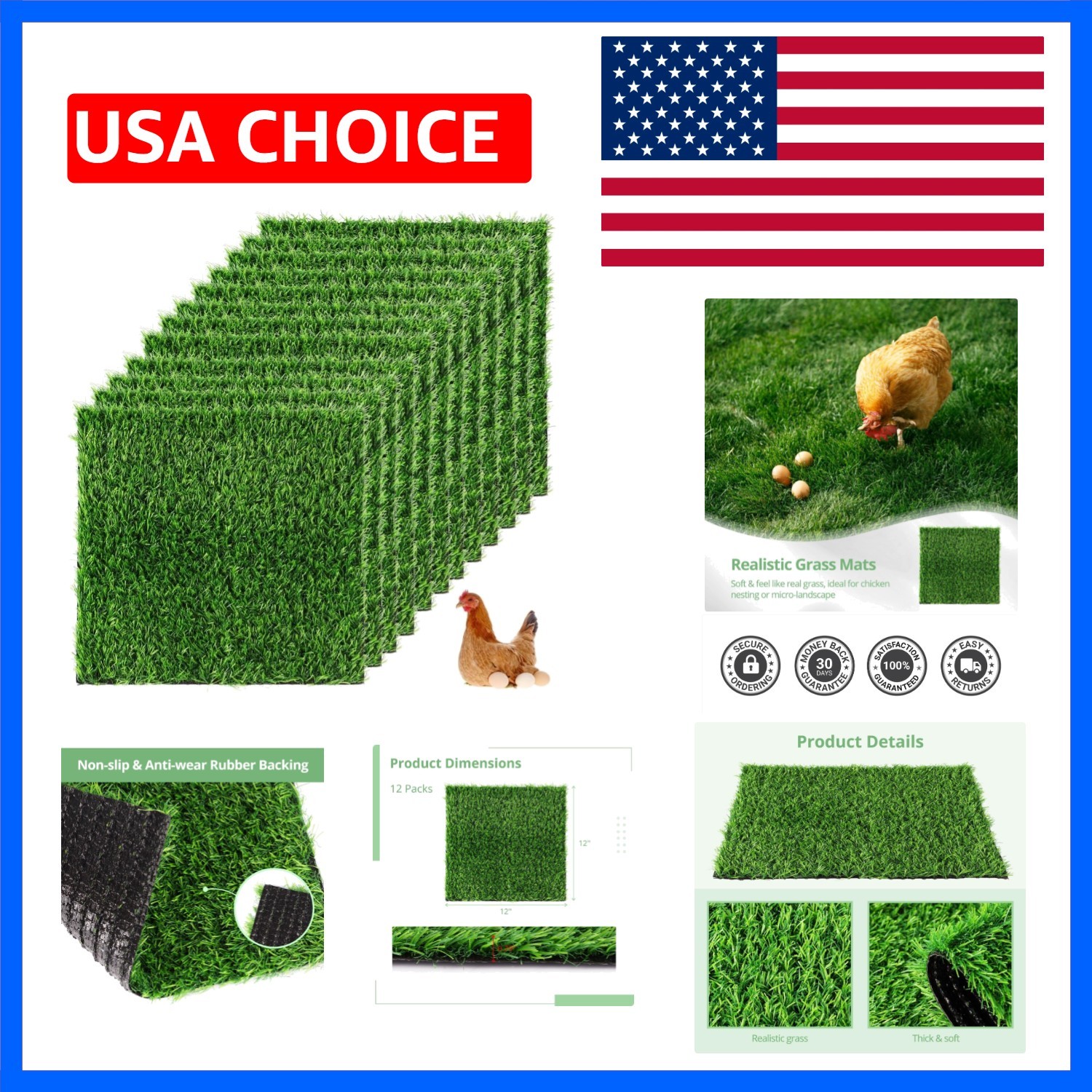 12Pack Chicken Nesting Pads, 12”x12” Nesting Box Pads Artificial Grass Washab…