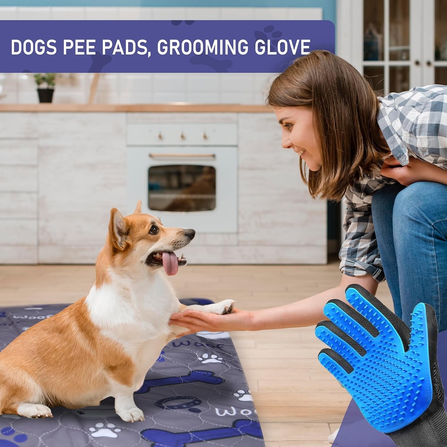 Pawriffic Washable Pee Pads for Dogs | 2 Pk | with FREE Pet Grooming gloves Blue