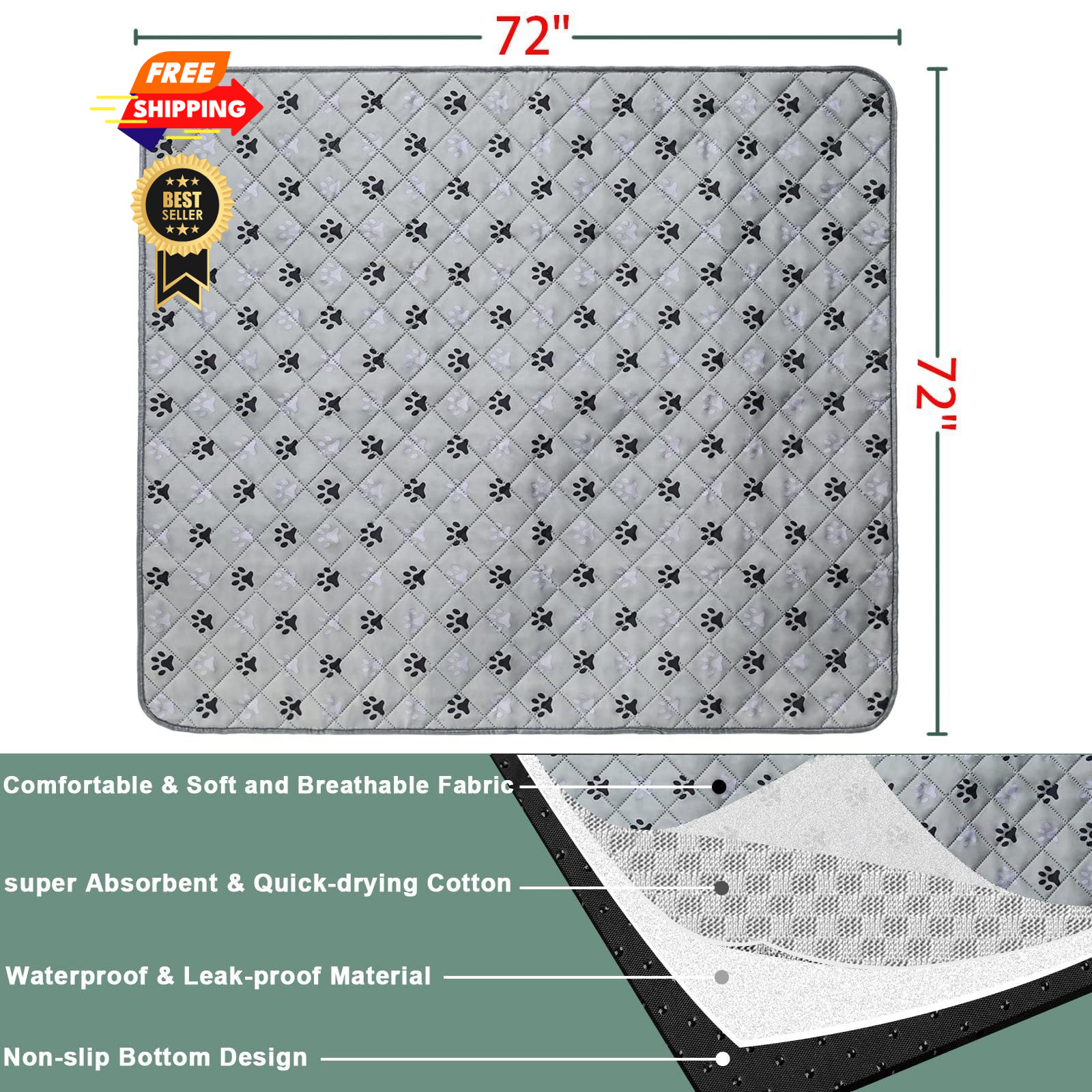 JERIA 2 Pack 72″x 72″ Waterproof Non Slip Wee 72×72 Inch (Pack of 2), Gray