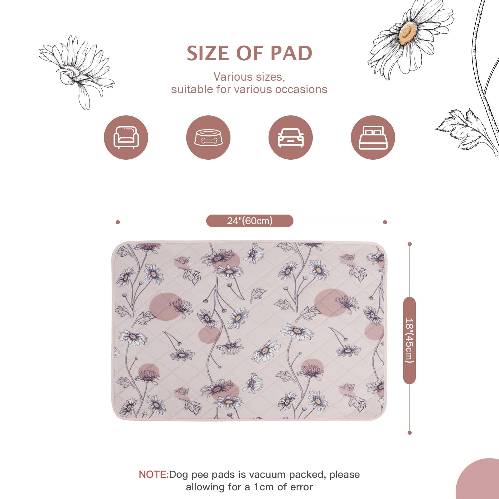 IEUUMLER Washable Pee Pads for Dogs, 2 Pack Non-Slip 24″X18″-2pcs, Pink Daisy