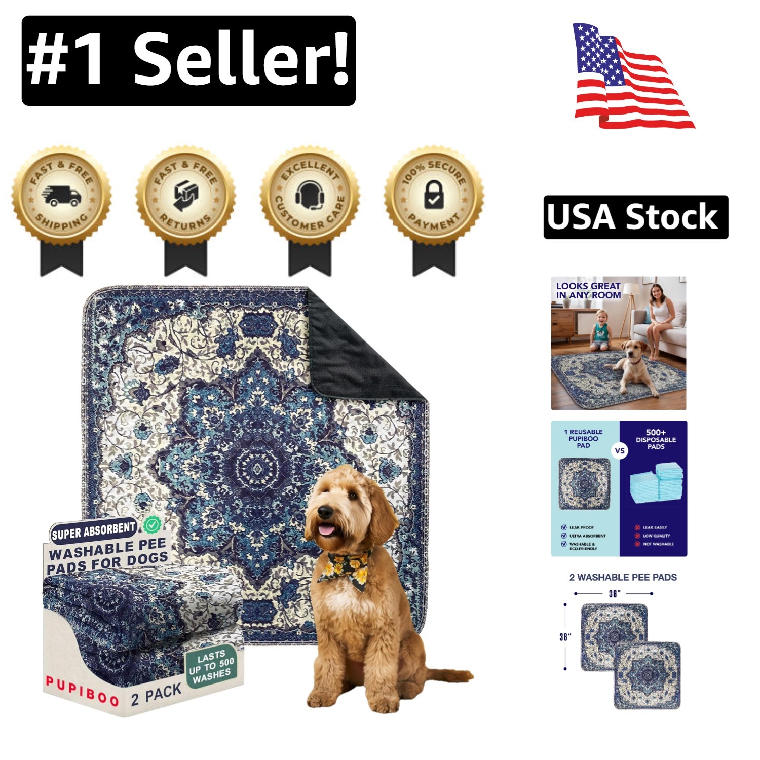 Durable Blue Medallion Washable Dog Pee Pads – Machine Washable & Leak-Proof
