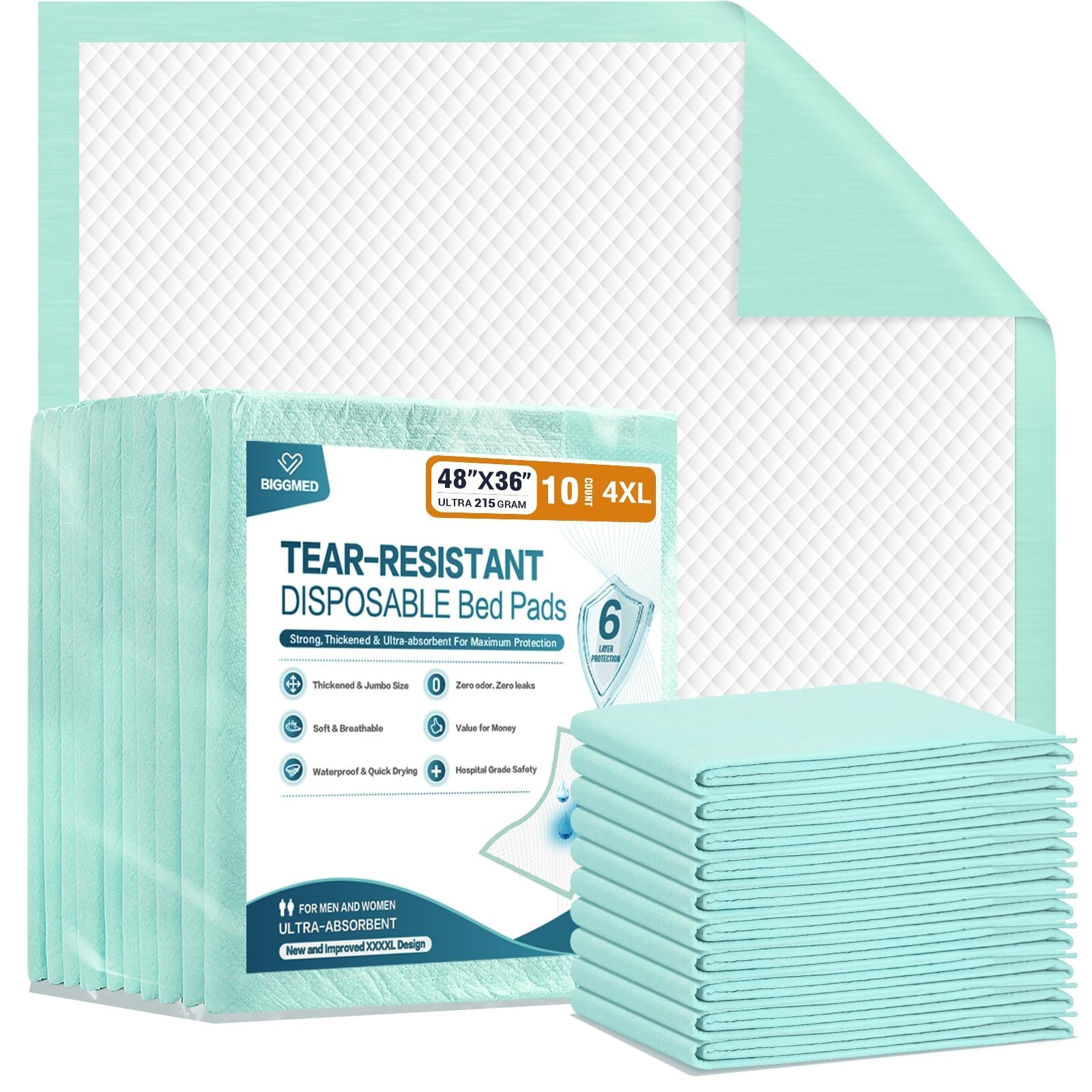 BIGGMED Heavy Duty Disposable Bed Pads 48″ x 36″ 10 Count Underpads Extra Lar…