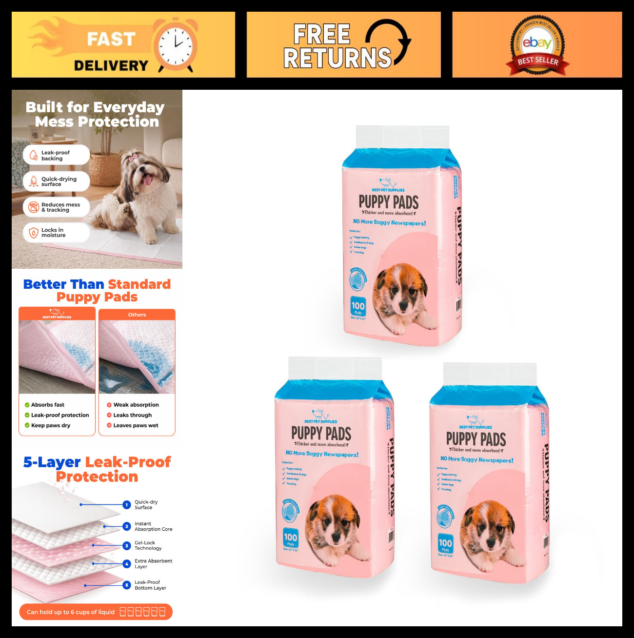 Super Absorbent Puppy Pee Pads – 300 Count, 22.5×22″, Leakproof, Indoor Dog Pott